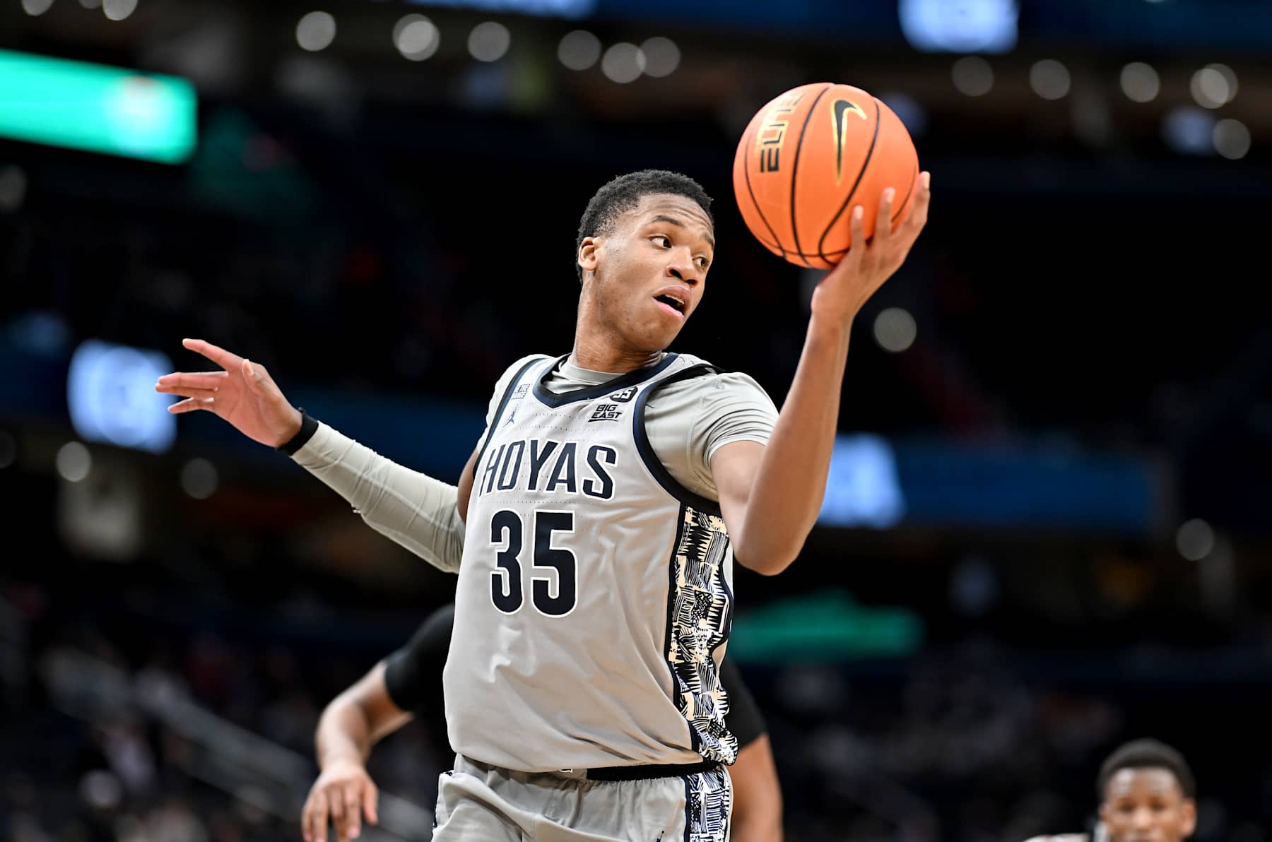 WASHINGTON, DC - JANUARY 31: Thomas Sorber #35 of the Georgetown Hoyas grabs a rebound against the Butler Bulldogs at Capital One Arena on January 31, 2025 in Washington, DC.  (Photo by G Fiume/Getty Images)