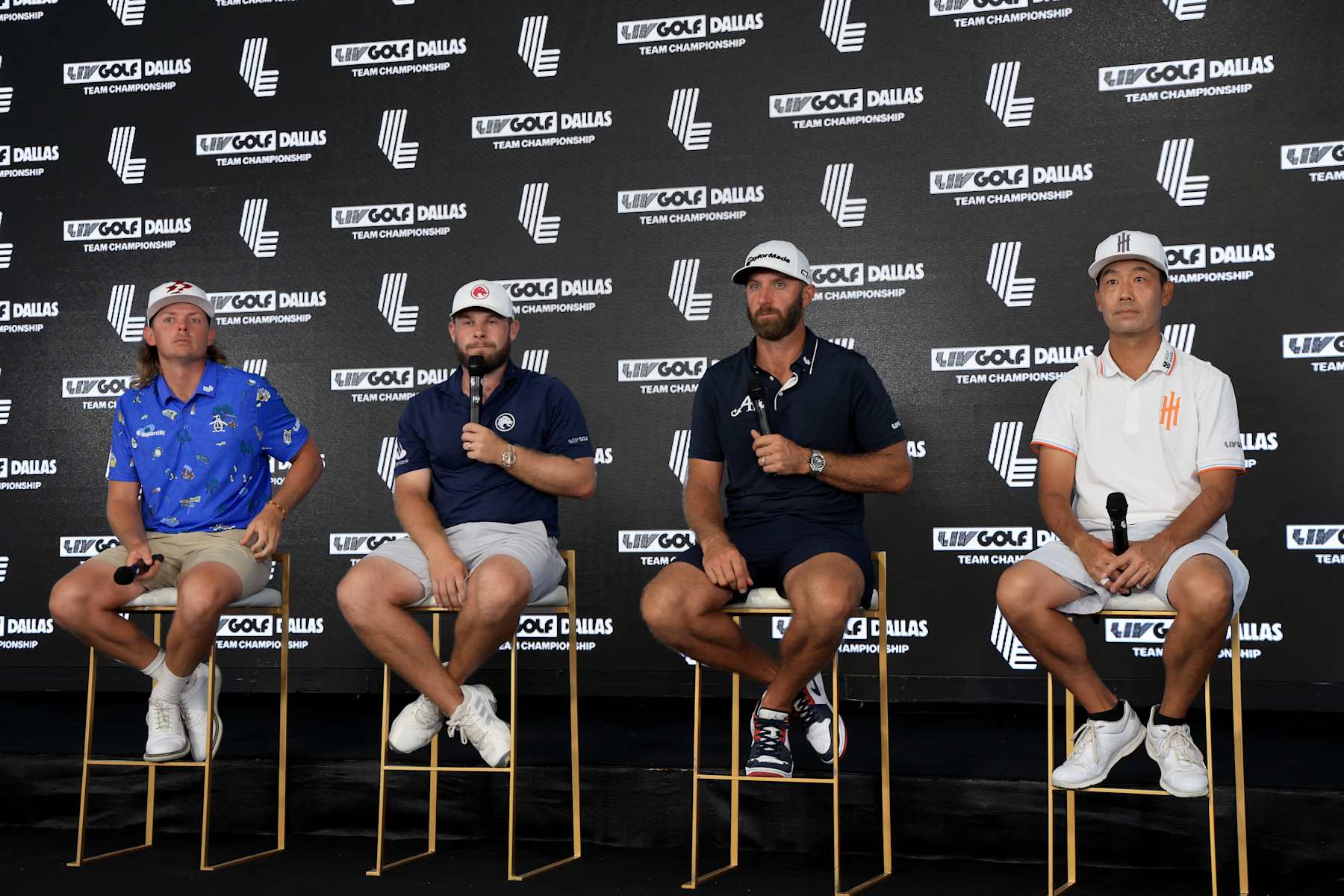 DALLAS, TEXAS - SEPTEMBER 21: Cameron Smith of Australia and Ripper GC, Tyrrell Hatton of England and the Legion XIII team, Dustin Johnson of The United States and The Aces team and Kevin Na of The United States and the Iron Heads GC team the captains of the four teams that qualified during the semi-final matches speak to the media after play on day two of the LIV Golf Team Championship Dallas at Maridoe Golf Club on September 21, 2024 in Dallas, Texas. (Photo by David Cannon/Getty Images)