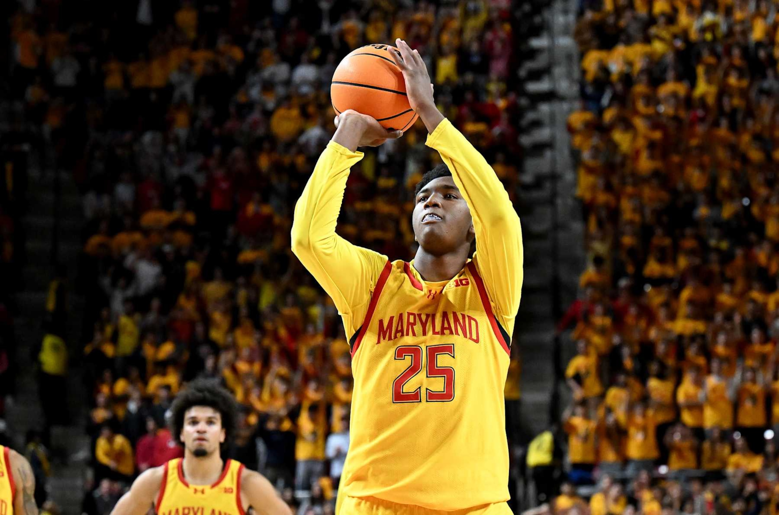 COLLEGE PARK, MARYLAND - JANUARY 29: Derik Queen #25 of the Maryland Terrapins shoots a free throw against the Wisconsin Badgers at Xfinity Center on January 29, 2025 in College Park, Maryland. (Photo by G Fiume/Getty Images) COLLEGE PARK, MARYLAND - JANUARY 29: Derik Queen #25 of the Maryland Terrapins shoots a free throw against the Wisconsin Badgers at Xfinity Center on January 29, 2025 in College Park, Maryland. (Photo by G Fiume/Getty Images)