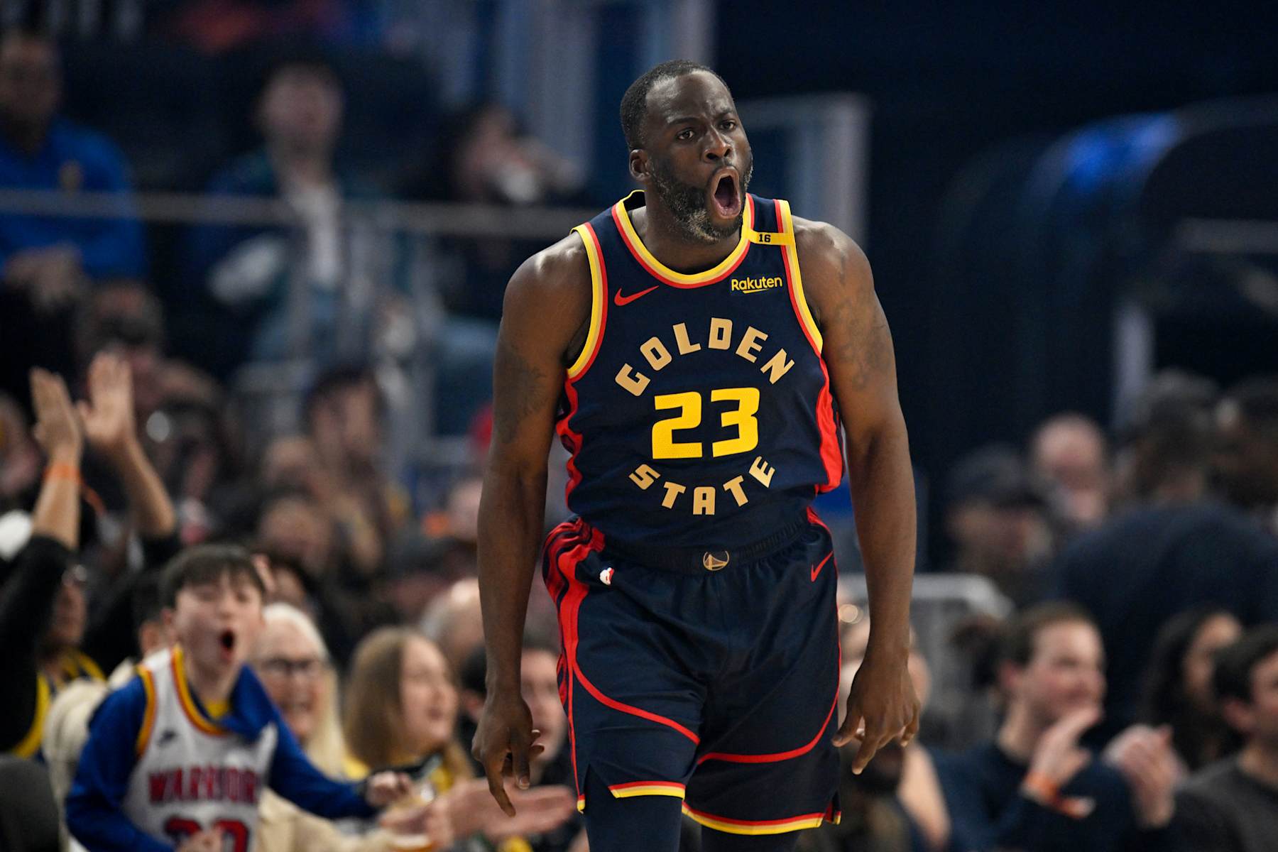 SAN FRANCISCO, CALIFORNIA - JANUARY 05: Draymond Green #23 of the Golden State Warriors celebrates his three point basket against the Sacramento Kings in the first quarter at Chase Center on January 05, 2025 in San Francisco, California. NOTE TO USER: User expressly acknowledges and agrees that, by downloading and or using this photograph, User is consenting to the terms and conditions of the Getty Images License Agreement. (Photo by Eakin Howard/Getty Images)