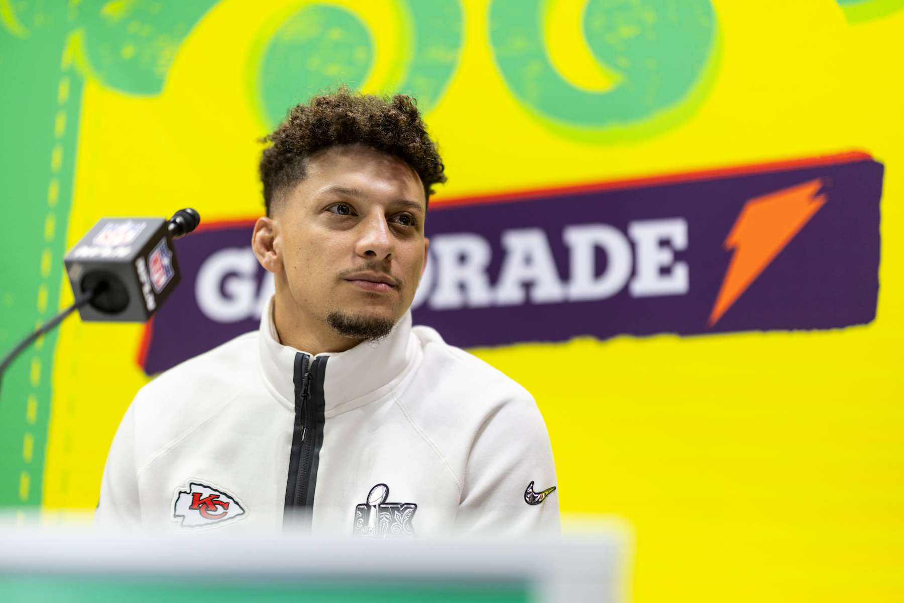 NEW ORLEANS, LOUISIANA - FEBRUARY 03: Patrick Mahomes #15 of the Kansas City Chiefs does an interview during Super Bowl LIX Opening Night at Caesars Superdome on February 03, 2025 in New Orleans, Louisiana. (Photo by Michael Owens/Getty Images)