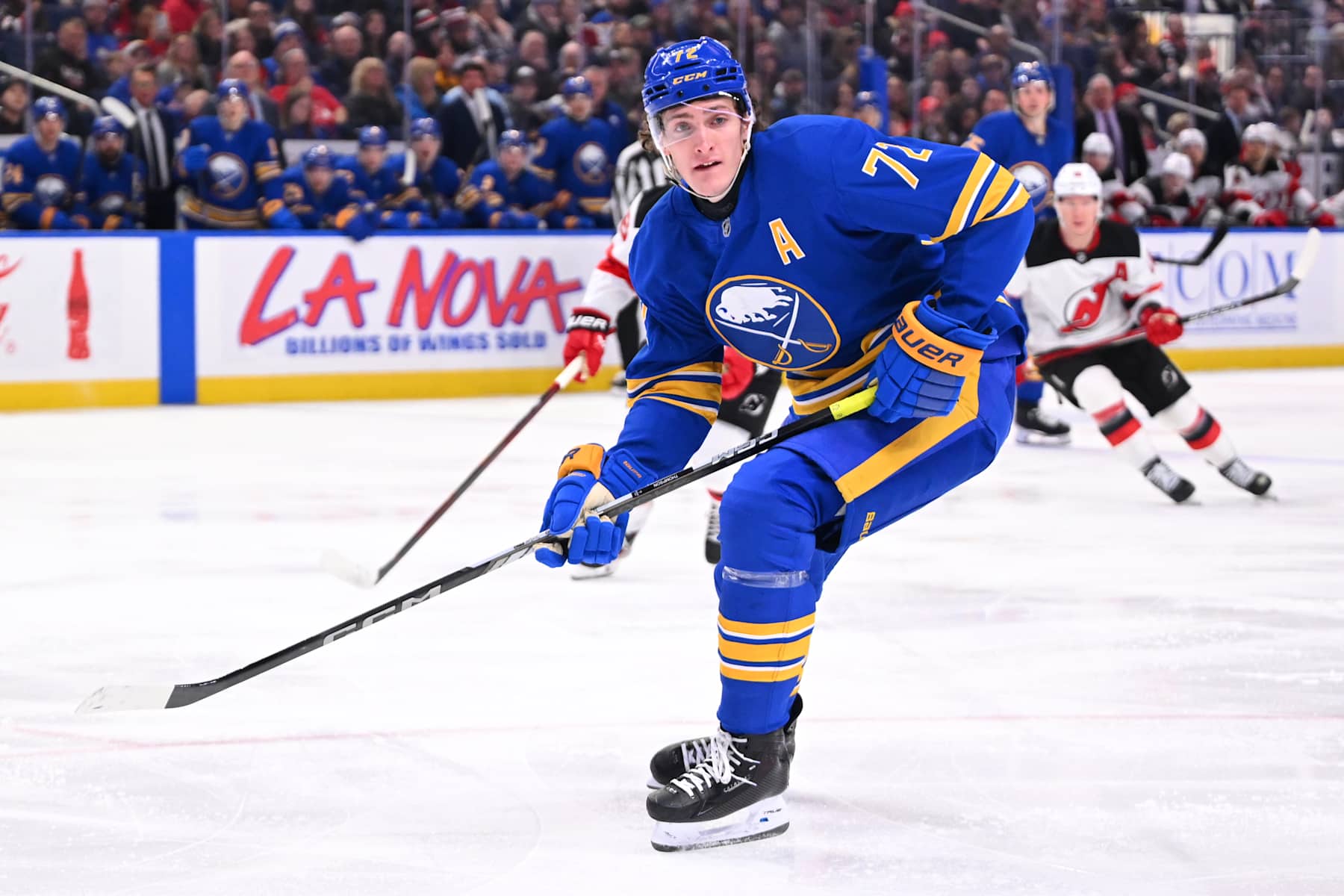 BUFFALO, NY - FEBRUARY 2: Tage Thompson #72 of the Buffalo Sabres skates against the New Jersey Devils during an NHL game on February 2, 2025 at KeyBank Center in Buffalo, New York. Buffalo won, 4-3. (Photo by Joe Hrycych/Getty Images)