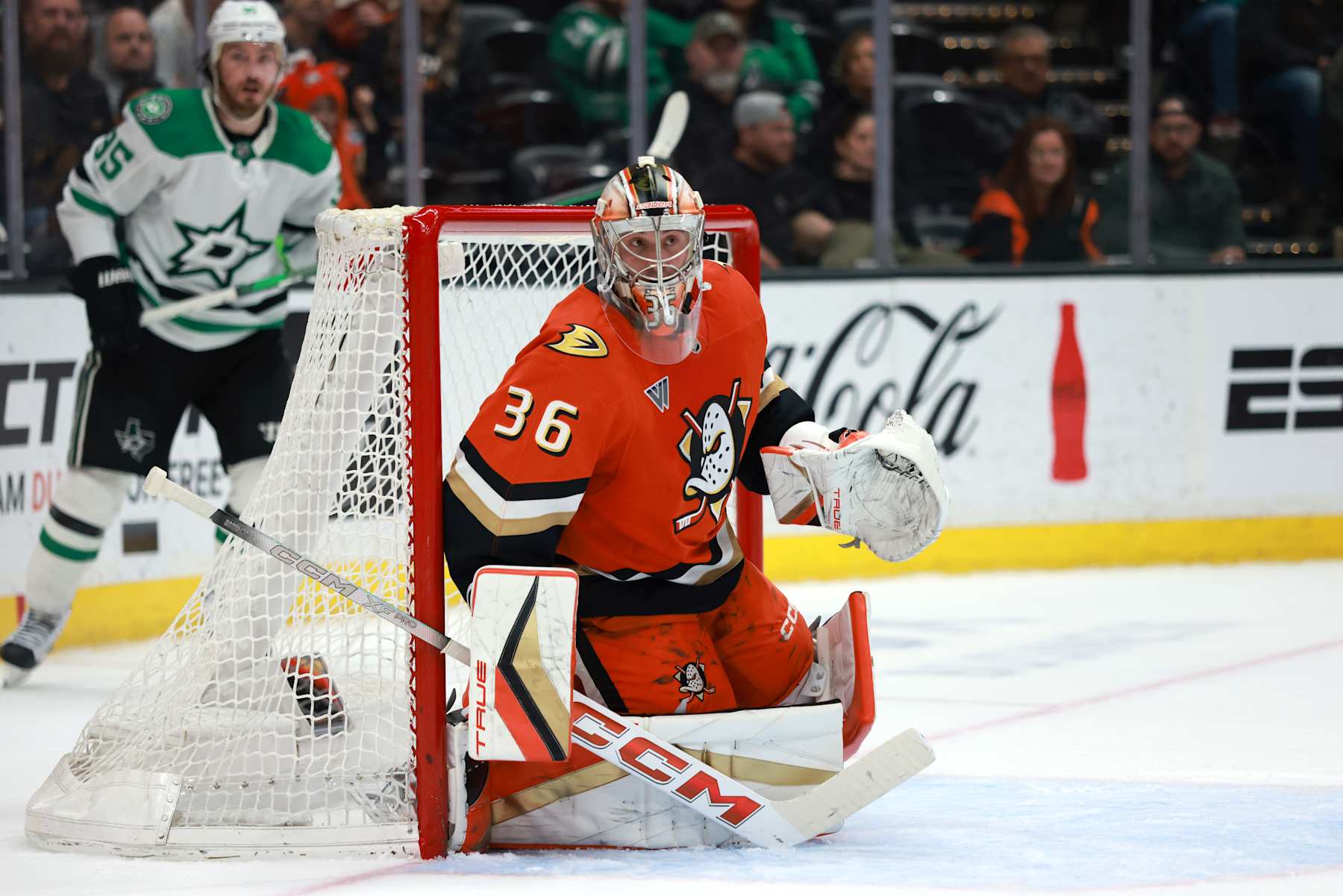 ANAHEIM, CALIFORNIA - FEBRUARY 04: John Gibson #36 of the Anaheim Ducks defends the net in the third period during the game against the Dallas Stars at Honda Center on February 04, 2025 in Anaheim, California. (Photo by Nicole Vasquez/NHLI via Getty Images)