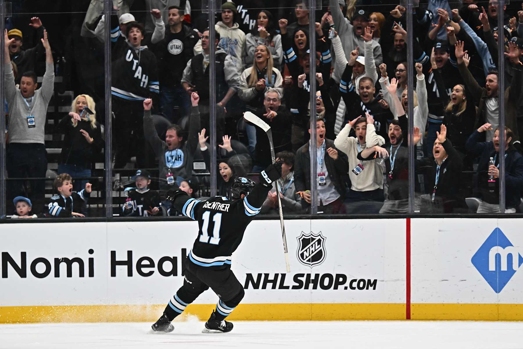 SALT LAKE CITY, UTAH - FEBRUARY 4: Dylan Guenther #11 of the Utah Hockey Club reacts after scoring the game-winning goal in overtime in a game against the Philadelphia Flyers on February 04, 2025 at Delta Center in Salt Lake City, Utah. (Photo by Jamie Sabau/NHLI via Getty Images)