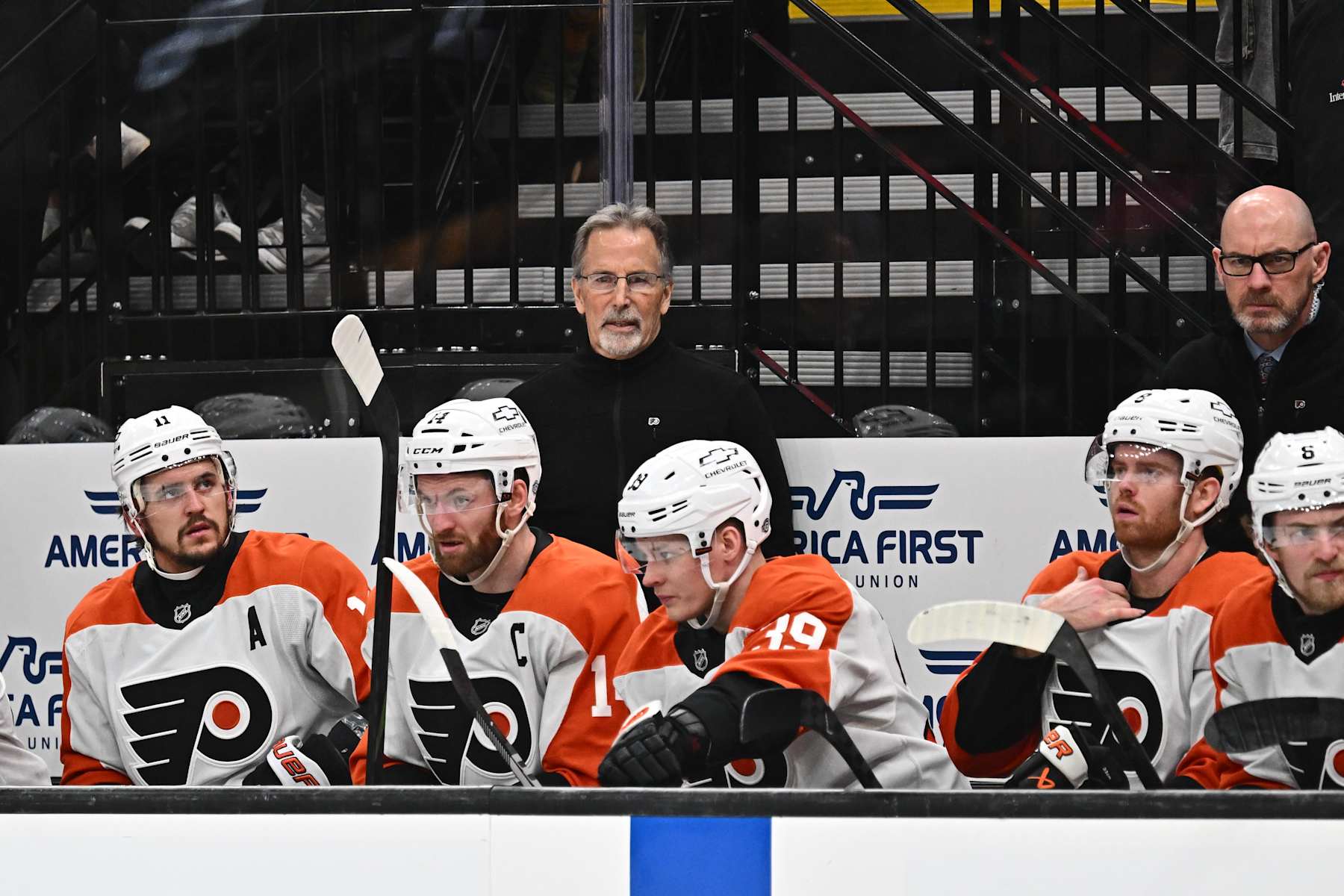 SALT LAKE CITY, UTAH - FEBRUARY 4: Head Coach John Tortorella of the Philadelphia Flyers stands behind the bench during the first period of a game against the Utah Hockey Club on February 04, 2025 at Delta Center in Salt Lake City, Utah. (Photo by Jamie Sabau/NHLI via Getty Images)
