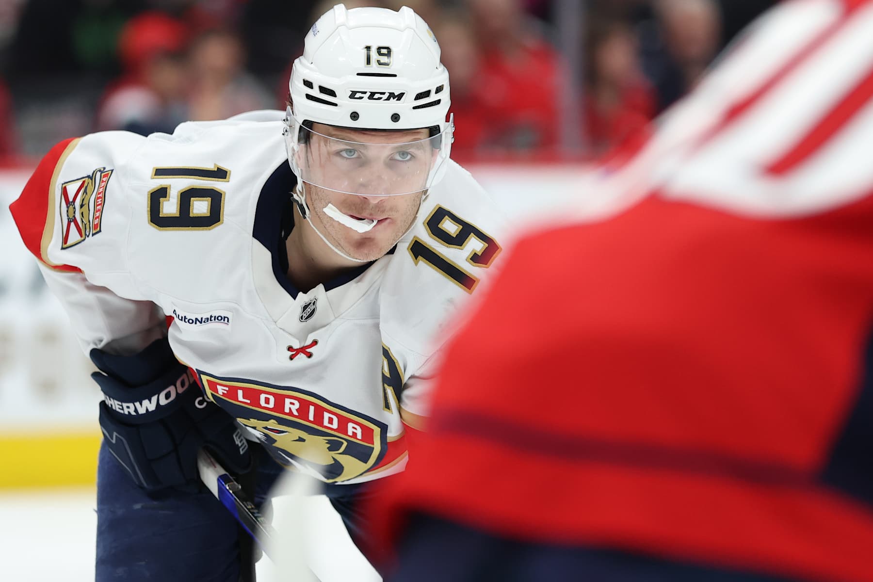 WASHINGTON, DC - FEBRUARY 04: Matthew Tkachuk #19 of the Florida Panthers looks on against the Washington Capitals at Capital One Arena on February 04, 2025 in Washington, DC. (Photo by Patrick Smith/Getty Images)