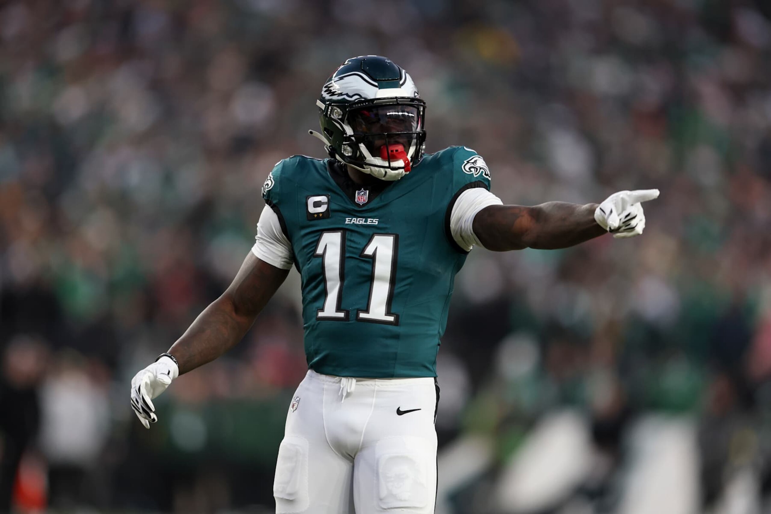 PHILADELPHIA, PENNSYLVANIA - JANUARY 12: A.J. Brown #11 of the Philadelphia Eagles reacts during a Wild Card Playoff Game against the Green Bay Packers at Lincoln Financial Field on January 12, 2025 in Philadelphia, Pennsylvania. The Eagles defeated the Packers 22-10. (Kara Durrette/Getty Images)
