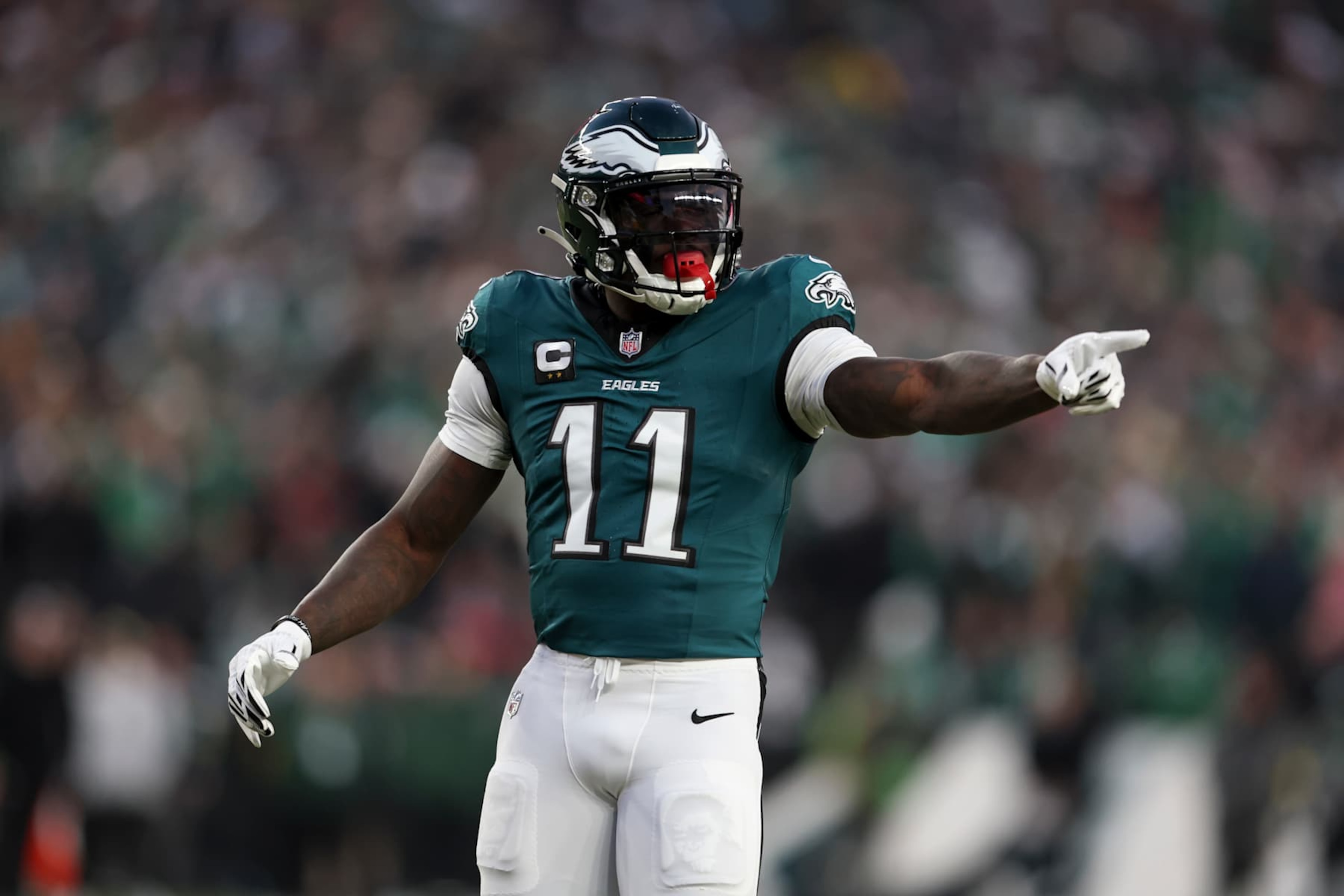 PHILADELPHIA, PENNSYLVANIA - JANUARY 12: A.J. Brown #11 of the Philadelphia Eagles reacts during a Wild Card Playoff Game against the Green Bay Packers at Lincoln Financial Field on January 12, 2025 in Philadelphia, Pennsylvania. The Eagles defeated the Packers 22-10. (Kara Durrette/Getty Images)