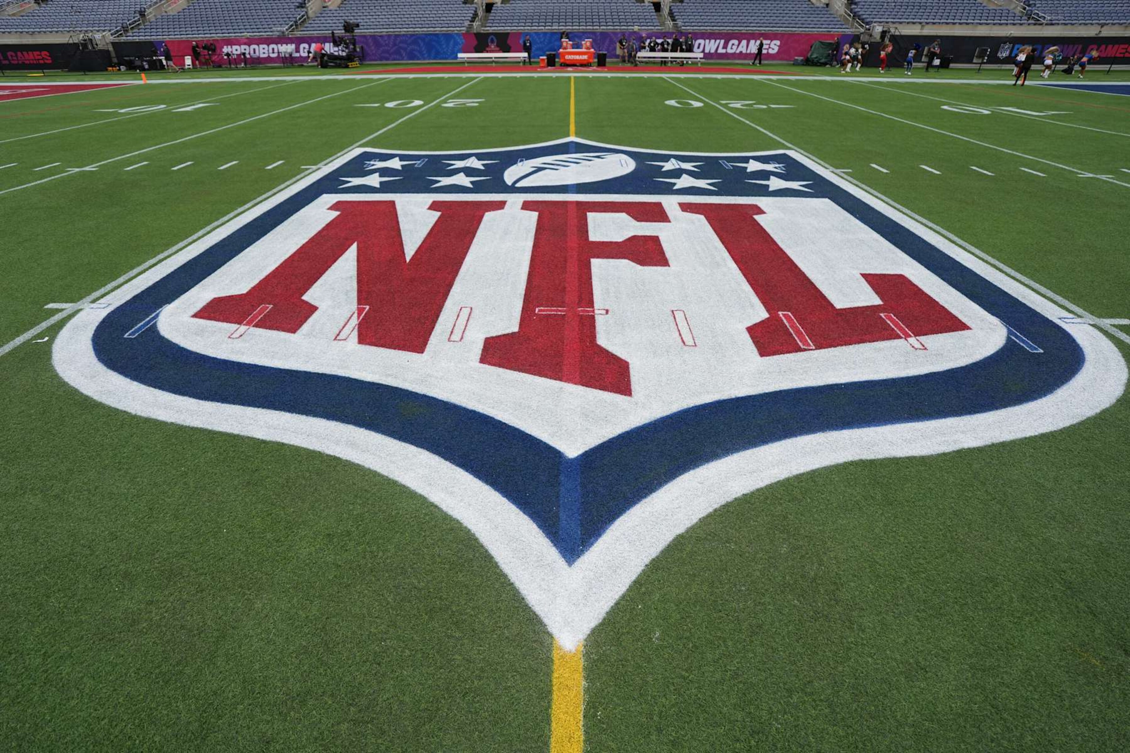 ORLANDO, FLORIDA - FEBRUARY 02: A detail of the NFL logo prior to the 2025 NFL Pro Bowl Games at Camping World Stadium on February 02, 2025 in Orlando, Florida. (Photo by Perry Knotts/Getty Images)