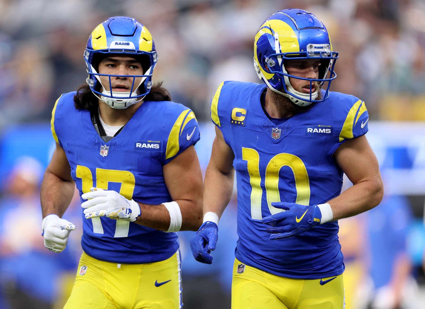 INGLEWOOD, CALIFORNIA - DECEMBER 08: Cooper Kupp #10 and Puka Nacua #17 of the Los Angeles Rams come to the line of scrimmage during a 44-42 win over the Buffalo Bills at SoFi Stadium on December 08, 2024 in Inglewood, California. (Photo by Harry How/Getty Images)