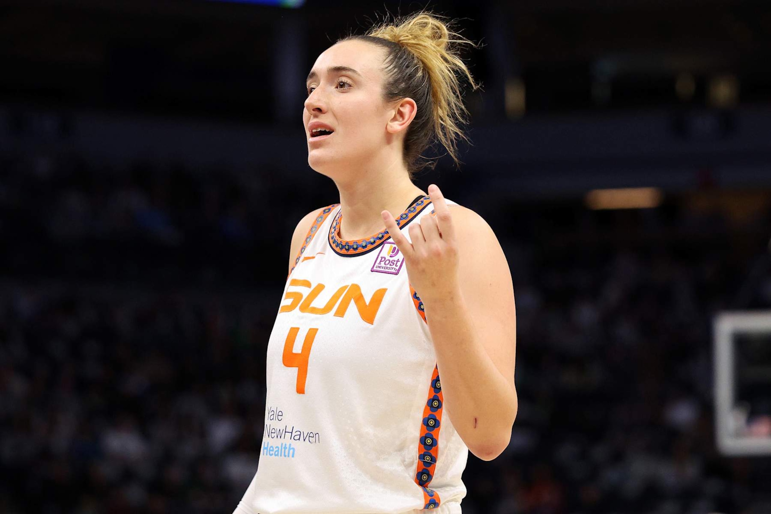 MINNEAPOLIS, MINNESOTA - OCTOBER 08: Marina Mabrey #4 of the Connecticut Sun looks on against the Minnesota Lynx in the first quarter of Game Five of the Semi-Finals during the WNBA Playoffs at Target Center on October 08, 2024 in Minneapolis, Minnesota. The Lynx defeated the Sun 88-77. NOTE TO USER: User expressly acknowledges and agrees that, by downloading and or using this photograph, User is consenting to the terms and conditions of the Getty Images License Agreement. (Photo by David Berding/Getty Images)