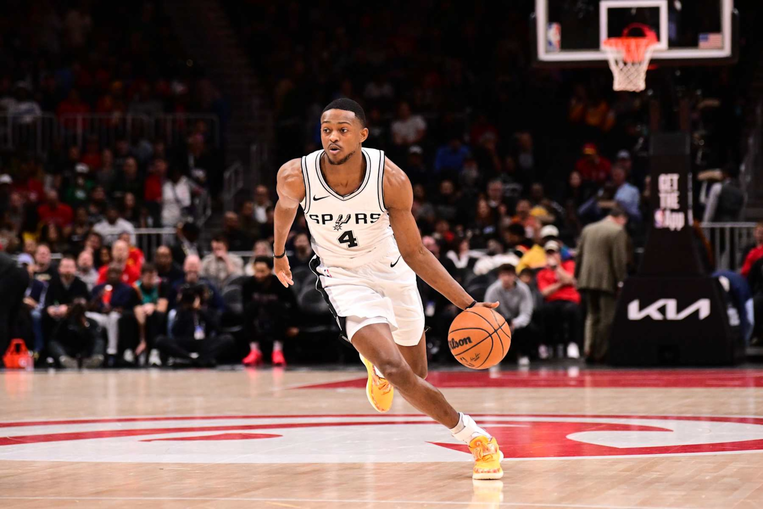 ATLANTA, GA - FEBRUARY 5: De'Aaron Fox #4 of the San Antonio Spurs handles the ball during the game against the Atlanta Hawks on February 5, 2025 at State Farm Arena in Atlanta, Georgia. NOTE TO USER: User expressly acknowledges and agrees that, by downloading and/or using this Photograph, user is consenting to the terms and conditions of the Getty Images License Agreement. Mandatory Copyright Notice: Copyright 2025 NBAE (Photo by Adam Hagy/NBAE via Getty Images) ATLANTA, GA - FEBRUARY 5: De'Aaron Fox #4 of the San Antonio Spurs handles the ball during the game against the Atlanta Hawks on February 5, 2025 at State Farm Arena in Atlanta, Georgia. NOTE TO USER: User expressly acknowledges and agrees that, by downloading and/or using this Photograph, user is consenting to the terms and conditions of the Getty Images License Agreement. Mandatory Copyright Notice: Copyright 2025 NBAE (Photo by Adam Hagy/NBAE via Getty Images)