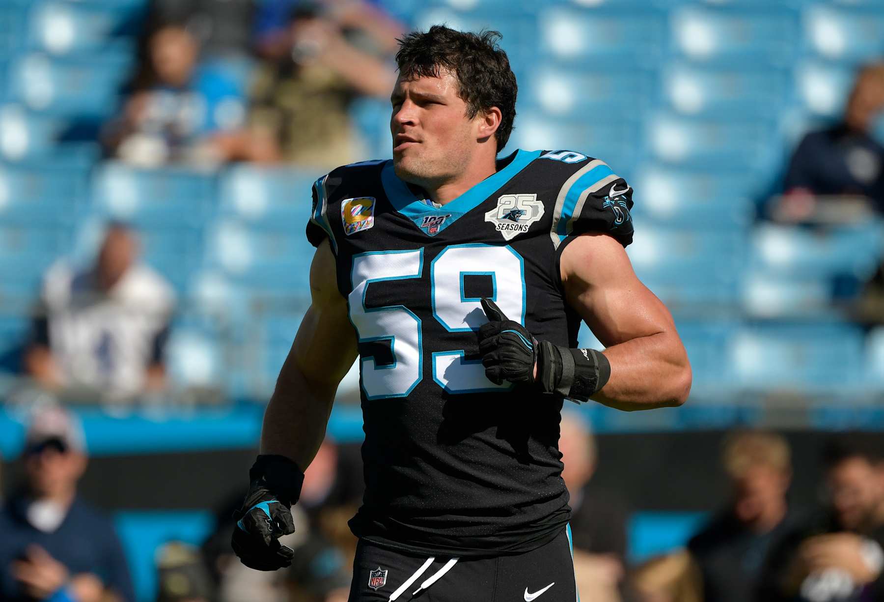 CHARLOTTE, NORTH CAROLINA - NOVEMBER 03: Luke Kuechly #59 of the Carolina Panthers during their game against the Tennessee Titans at Bank of America Stadium on November 03, 2019 in Charlotte, North Carolina. The Panthers won 30-20. (Photo by Grant Halverson/Getty Images)