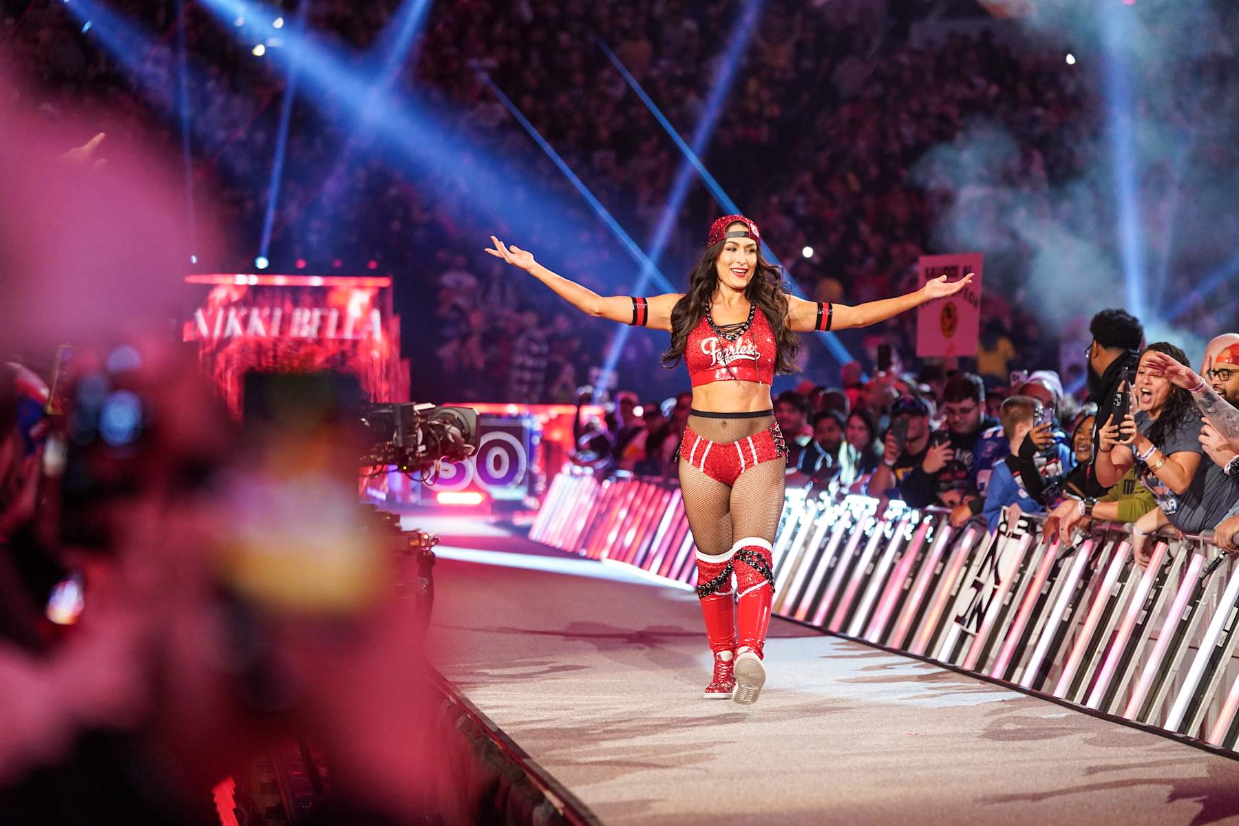 INDIANAPOLIS, INDIANA - FEBRUARY 01: Nikki Bella makes her entrance during Royal Rumble at Lucas Oil Stadium on February 1, 2025 in Indianapolis, Indiana. (Photo by Georgiana Dallas/WWE via Getty Images)