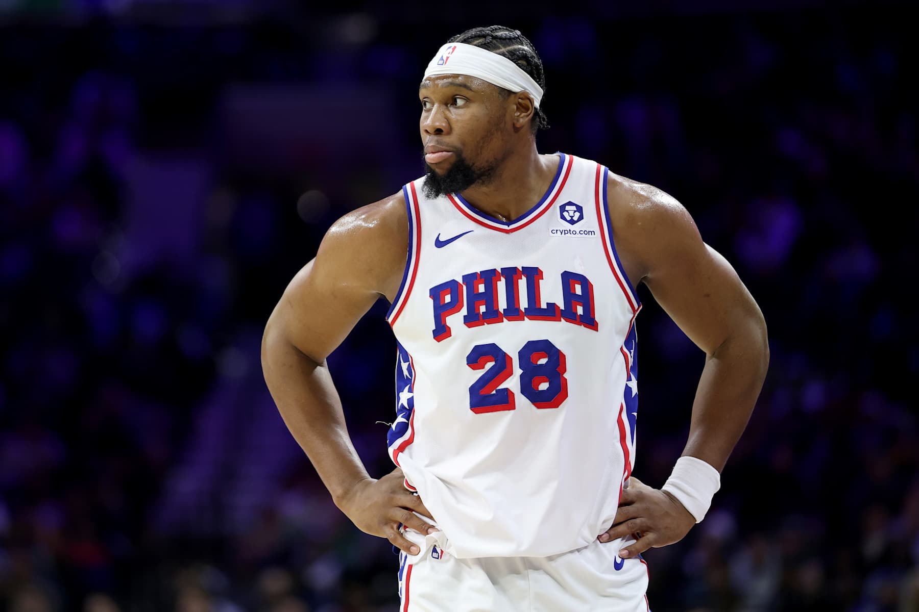PHILADELPHIA, PENNSYLVANIA - FEBRUARY 02: Guerschon Yabusele #28 of the Philadelphia 76ers looks on during a game against the Boston Celtics at the Wells Fargo Center on February 02, 2025 in Philadelphia, Pennsylvania. NOTE TO USER: User expressly acknowledges and agrees that, by downloading and or using this photograph, User is consenting to the terms and conditions of the Getty Images License Agreement. (Photo by Emilee Chinn/Getty Images)