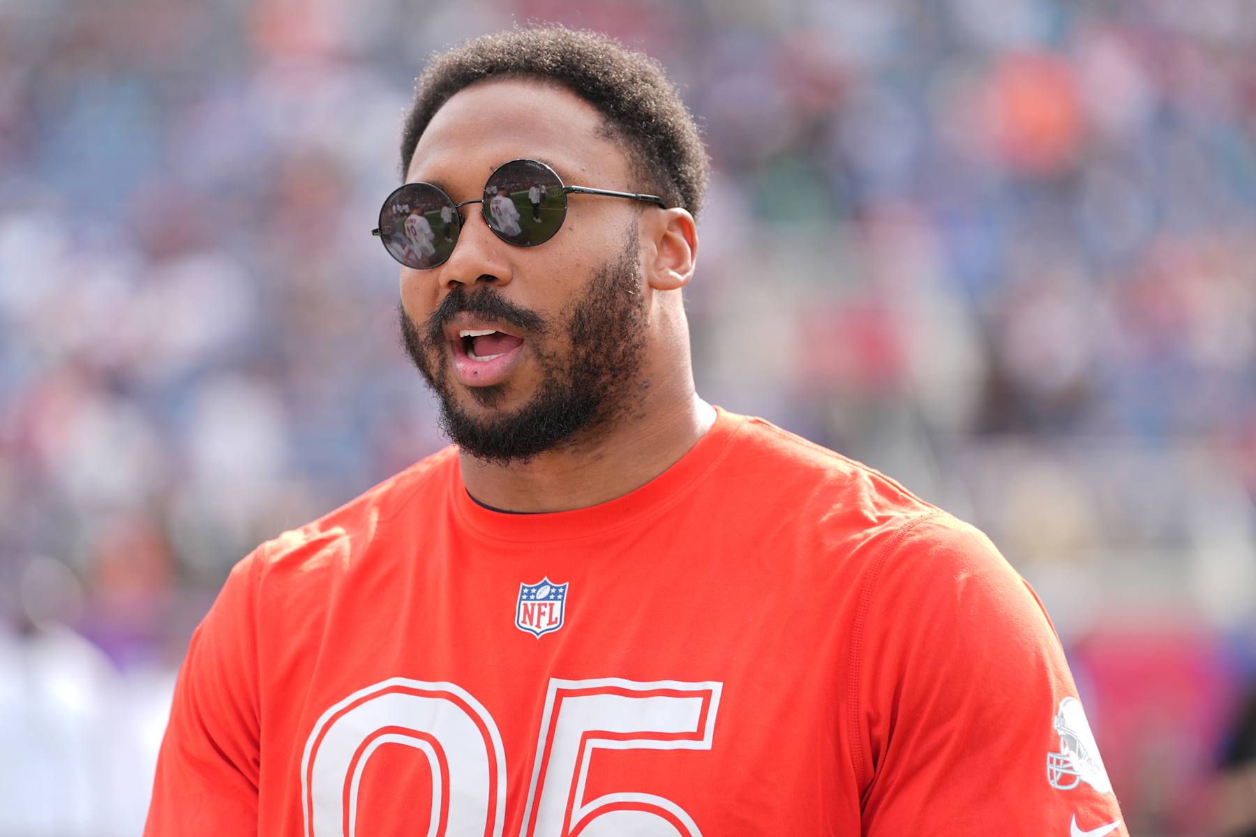 ORLANDO, FLORIDA - FEBRUARY 02: Myles Garrett #95 of the Cleveland Browns and AFC looks on prior to the 2025 NFL Pro Bowl Games at Camping World Stadium on February 02, 2025 in Orlando, Florida. (Photo by Perry Knotts/Getty Images)