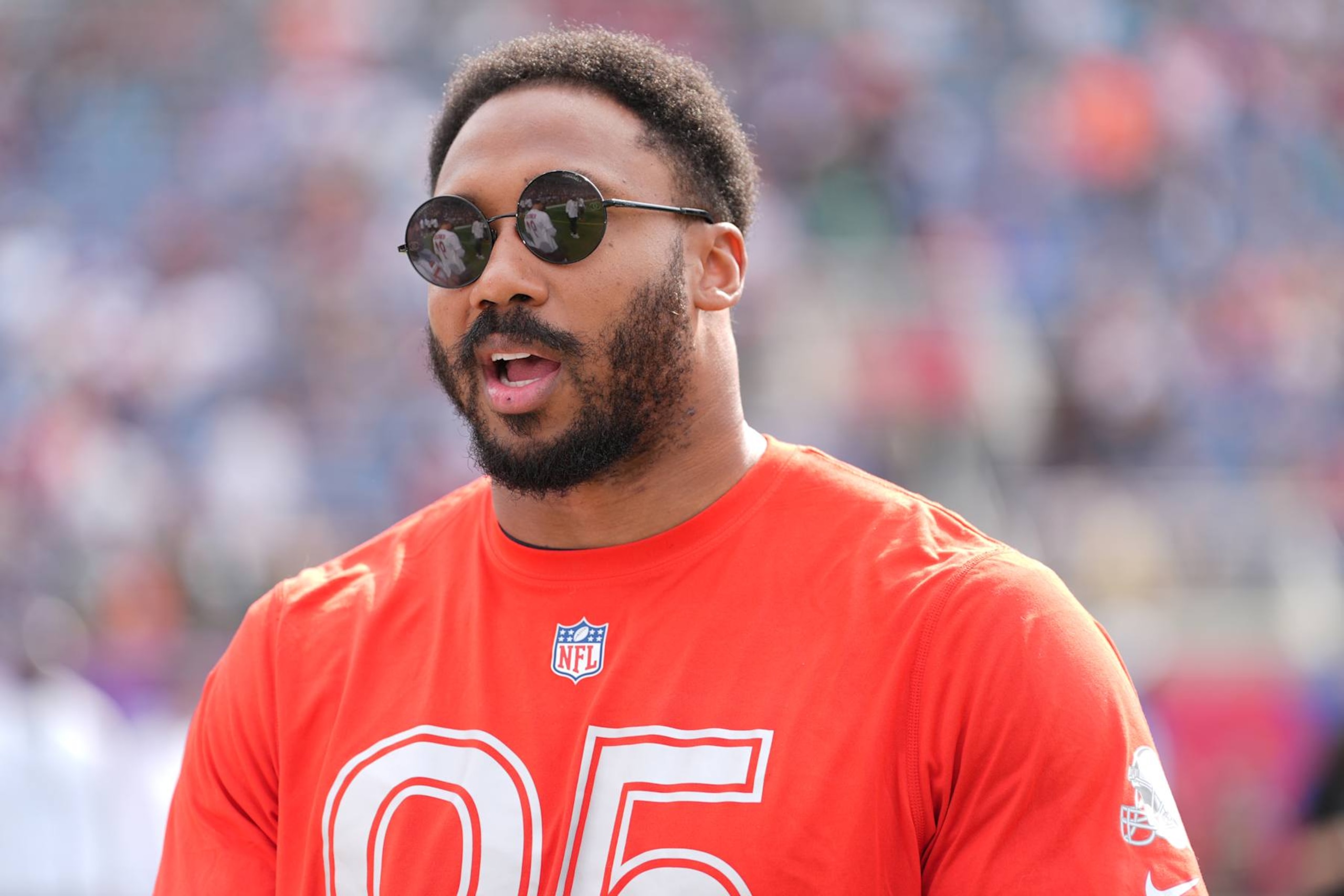 ORLANDO, FLORIDA - FEBRUARY 02: Myles Garrett #95 of the Cleveland Browns and AFC looks on prior to the 2025 NFL Pro Bowl Games at Camping World Stadium on February 02, 2025 in Orlando, Florida. (Photo by Perry Knotts/Getty Images)