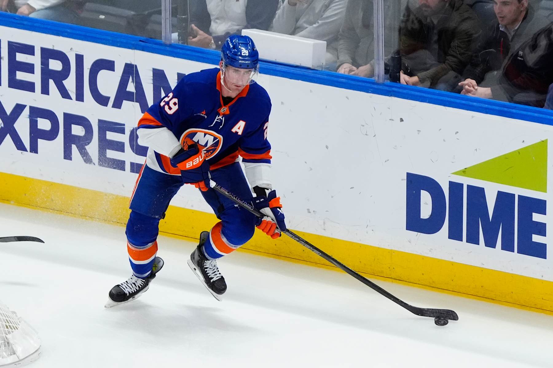 ELMONT, NY - FEBRUARY 04: New York Islanders Center Brock Nelson (29) skates with the puck during the first period of the National Hockey League game between the Vegas Golden Knights and the New York Islanders on February 4, 2025, at UBS Arena in Elmont, NY. (Photo by Gregory Fisher/Icon Sportswire via Getty Images)
