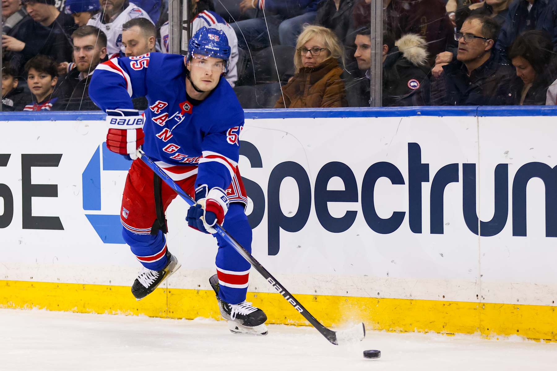 NEW YORK, NY - JANUARY 21: New York Rangers Defenseman Ryan Lindgren (55) in action during the first period of the National Hockey League game between the Ottawa Senators and the New York Rangers on January 21, 2025 at Madison Square Garden in New York, NY. (Photo by Joshua Sarner/Icon Sportswire via Getty Images)