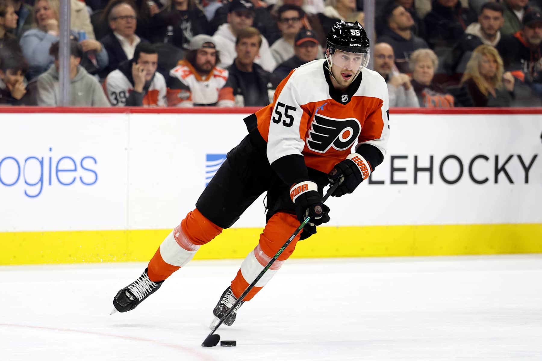 PHILADELPHIA, PENNSYLVANIA - JANUARY 30: Rasmus Ristolainen #55 of the Philadelphia Flyers skates during a game against the New York Islanders at the Wells Fargo Center on January 30, 2025 in Philadelphia, Pennsylvania. (Photo by Emilee Chinn/Getty Images)