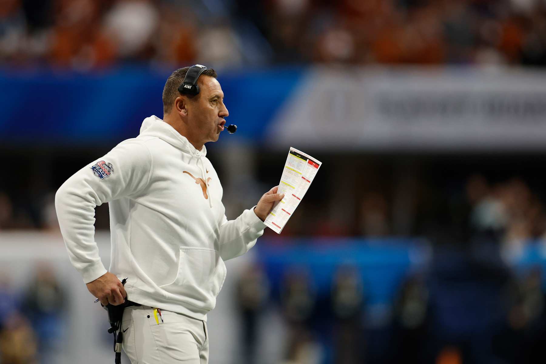 ATLANTA, GA - JANUARY 01: Head Coach Steve Sarkisian of the Texas Longhorns looks on during the Texas Longhorns versus Arizona State Sun Devils College Football Playoff Quarterfinal at the Chick-fil-A Peach Bowl on January 1, 2025, at Mercedes-Benz Stadium in Atlanta, GA. (Photo by Joe Robbins/Icon Sportswire via Getty Images)