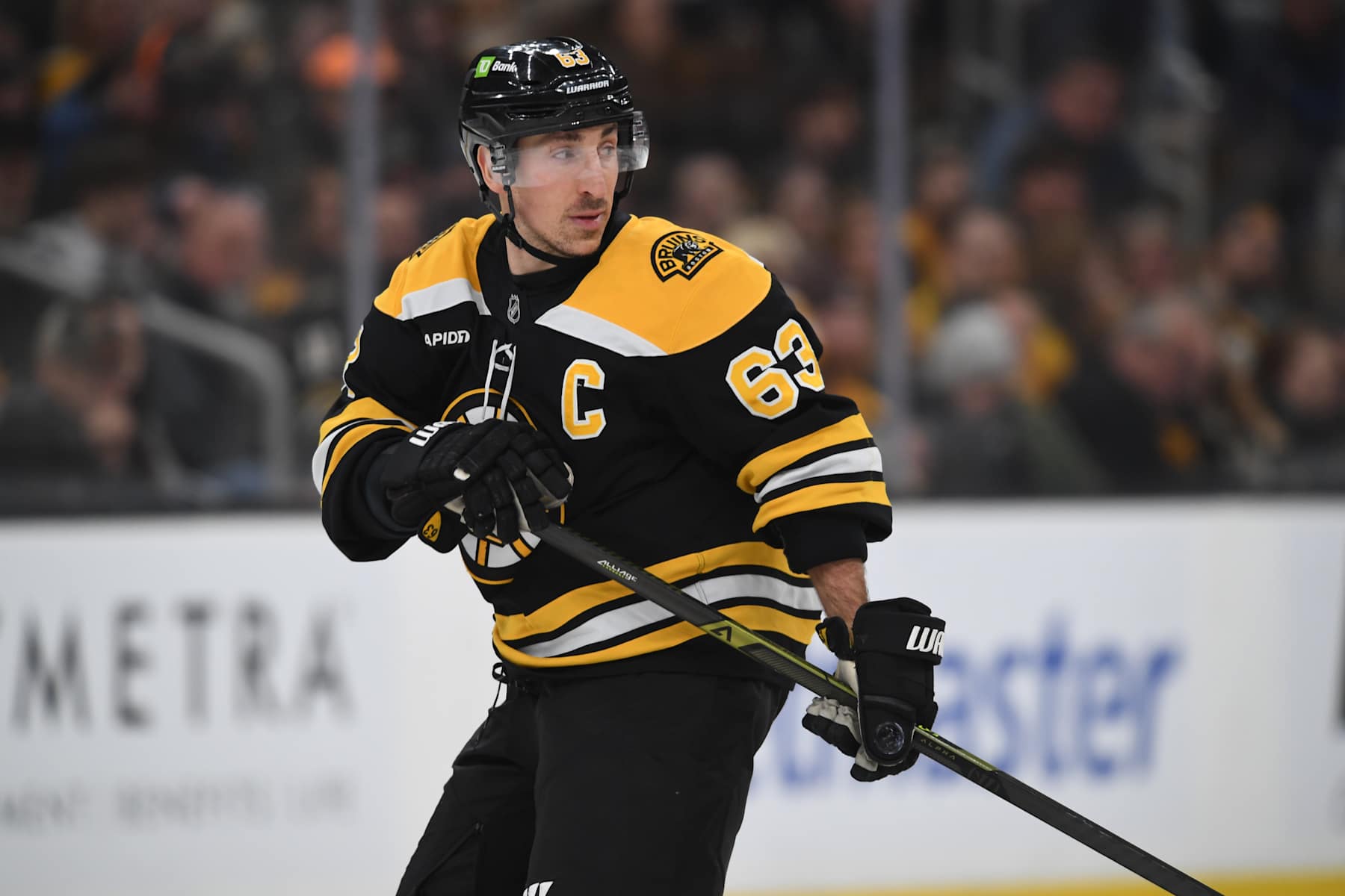 BOSTON, MASSACHUSETTS - FEBRUARY 4: Brad Marchand #63 of the Boston Bruins skates against the Minnesota Wild on February 4, 2025, at the TD Garden in Boston, Massachusetts. (Photo by Steve Babineau/NHLI via Getty Images)