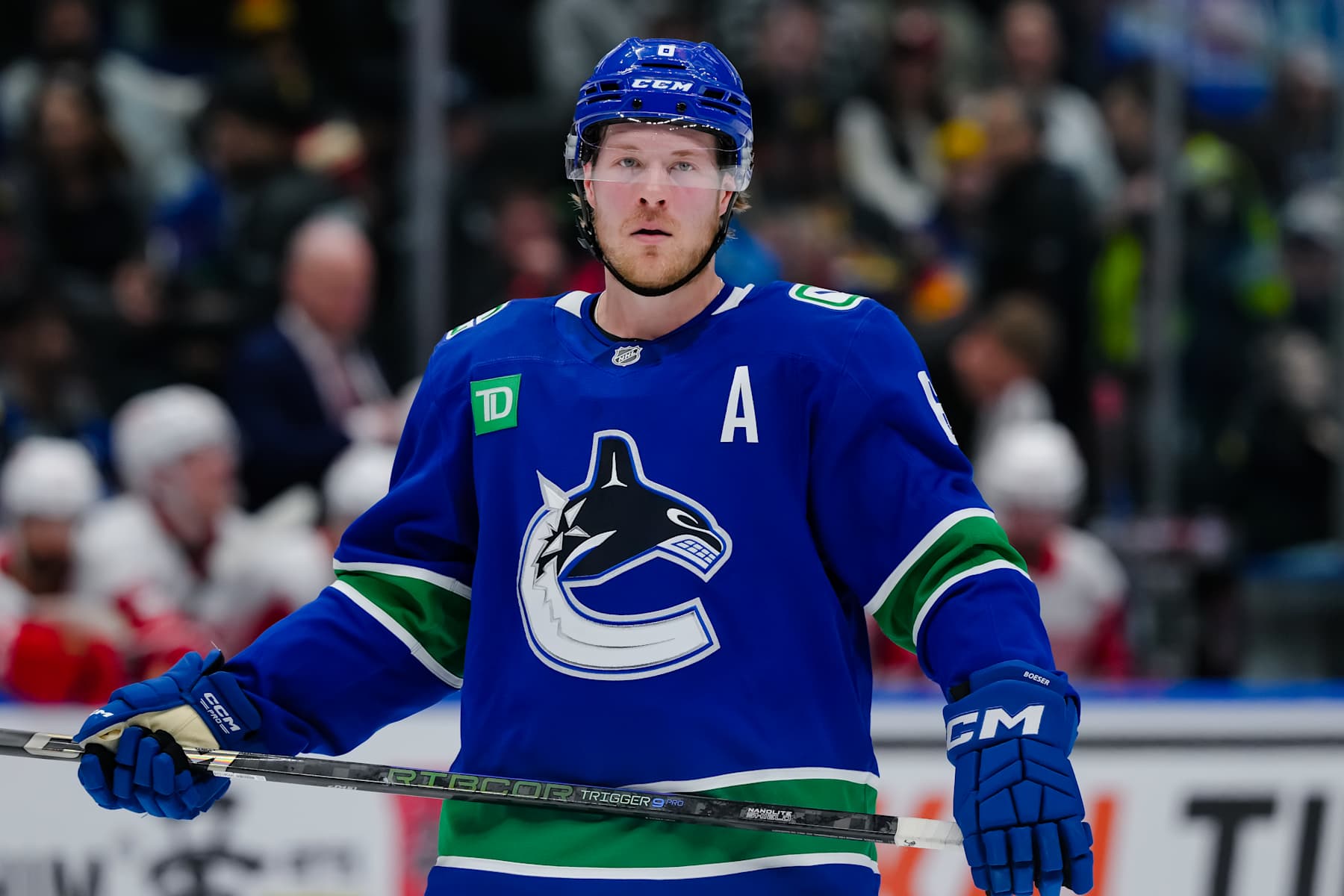 VANCOUVER, CANADA - FEBRUARY 2: Brock Boeser #6 of the Vancouver Canucks looks on during the third period of their NHL game against the Detroit Red Wings at Rogers Arena on February 2, 2025 in Vancouver, British Columbia, Canada. (Photo by Derek Cain/Getty Images)