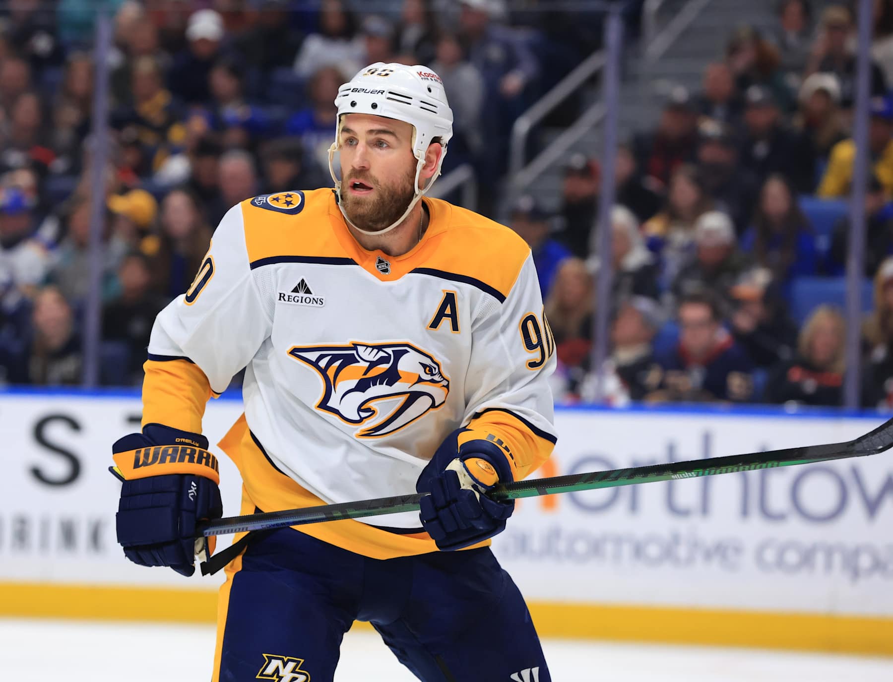 BUFFALO, NEW YORK - JANUARY 31: Ryan O'Reilly #90 of the Nashville Predators skates against the Buffalo Sabres during an NHL game on January 31, 2025 at KeyBank Center in Buffalo, New York. (Photo by Bill Wippert/NHLI via Getty Images)