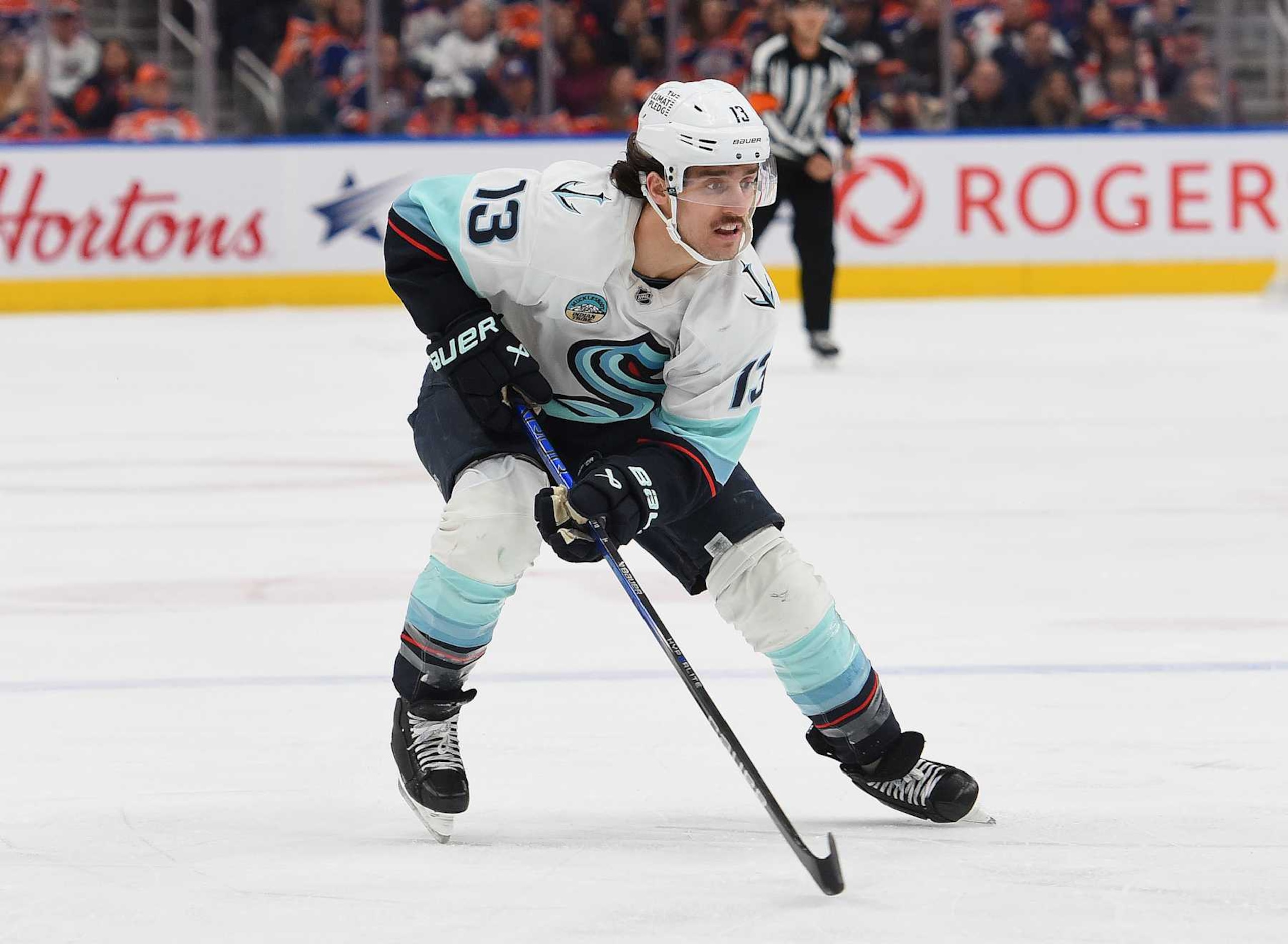 EDMONTON, CANADA - JANUARY 27: Brandon Tanev #13 of the Seattle Kraken in action during the game against the Edmonton Oilers at Rogers Place on January 27, 2025, in Edmonton, Alberta, Canada. (Photo by Leila Devlin/Getty Images)