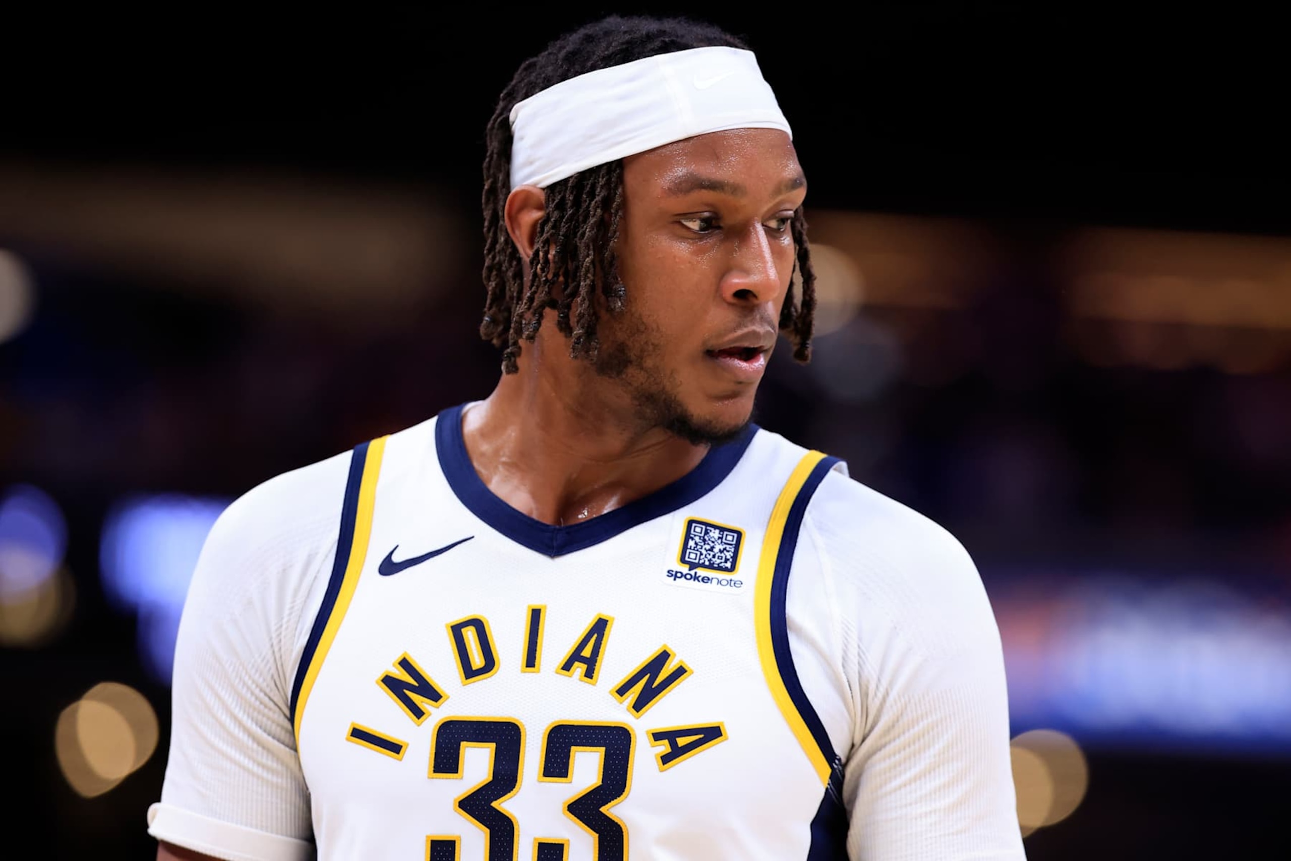 INDIANAPOLIS, INDIANA - FEBRUARY 01: Myles Turner #33 of the Indiana Pacers looks on against the Atlanta Hawks at Gainbridge Fieldhouse on February 01, 2025 in Indianapolis, Indiana. NOTE TO USER: User expressly acknowledges and agrees that, by downloading and or using this photograph, User is consenting to the terms and conditions of the Getty Images License Agreement. (Photo by Justin Casterline/Getty Images) INDIANAPOLIS, INDIANA - FEBRUARY 01: Myles Turner #33 of the Indiana Pacers looks on against the Atlanta Hawks at Gainbridge Fieldhouse on February 01, 2025 in Indianapolis, Indiana. NOTE TO USER: User expressly acknowledges and agrees that, by downloading and or using this photograph, User is consenting to the terms and conditions of the Getty Images License Agreement. (Photo by Justin Casterline/Getty Images)