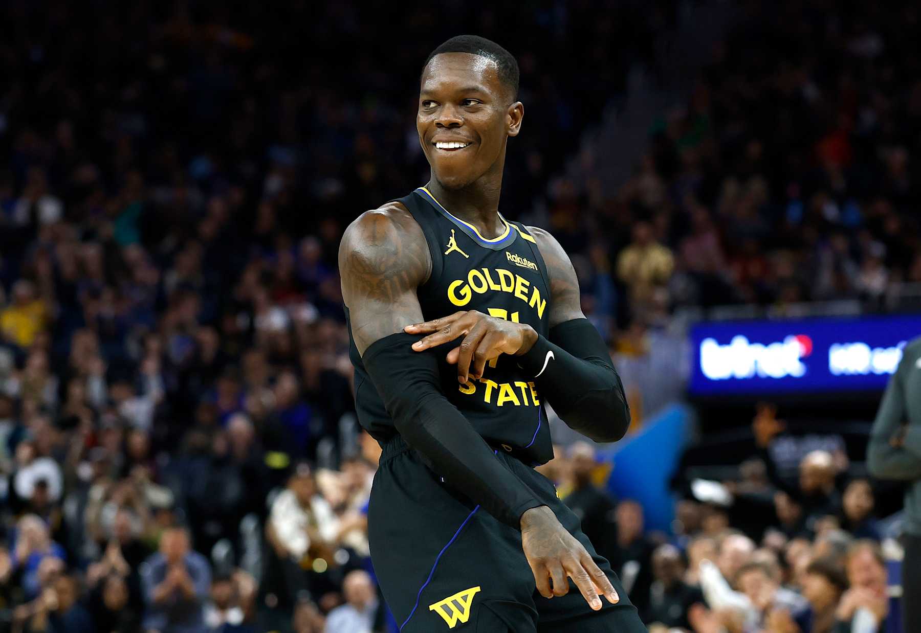 SAN FRANCISCO, CALIFORNIA - FEBRUARY 03: Dennis Schroder #71 of the Golden State Warriors reacts after making a three-point shot against the Orlando Magic during the second half of an NBA basketball game at Chase Center on February 03, 2025 in San Francisco, California. NOTE TO USER: User expressly acknowledges and agrees that, by downloading and or using this photograph, User is consenting to the terms and conditions of the Getty Images License Agreement.  (Photo by Thearon W. Henderson/Getty Images)