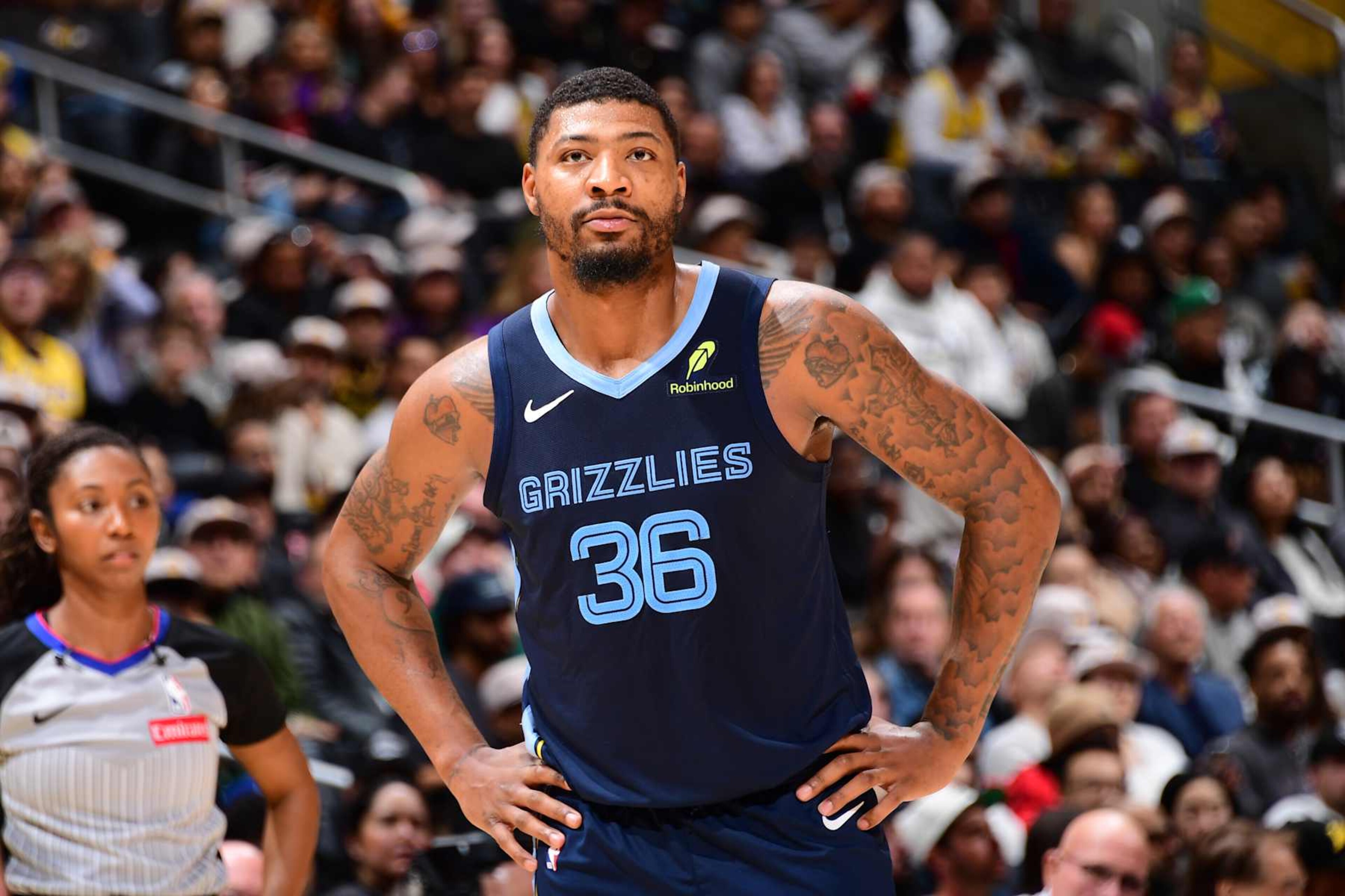 LOS ANGELES, CA - DECEMBER 15: Marcus Smart #36 of the Memphis Grizzlies looks on during the game against the Los Angeles Lakers on December 15, 2024 at Crypto.Com Arena in Los Angeles, California. NOTE TO USER: User expressly acknowledges and agrees that, by downloading and/or using this Photograph, user is consenting to the terms and conditions of the Getty Images License Agreement. Mandatory Copyright Notice: Copyright 2024 NBAE (Photo by Adam Pantozzi/NBAE via Getty Images) LOS ANGELES, CA - DECEMBER 15: Marcus Smart #36 of the Memphis Grizzlies looks on during the game against the Los Angeles Lakers on December 15, 2024 at Crypto.Com Arena in Los Angeles, California. NOTE TO USER: User expressly acknowledges and agrees that, by downloading and/or using this Photograph, user is consenting to the terms and conditions of the Getty Images License Agreement. Mandatory Copyright Notice: Copyright 2024 NBAE (Photo by Adam Pantozzi/NBAE via Getty Images)