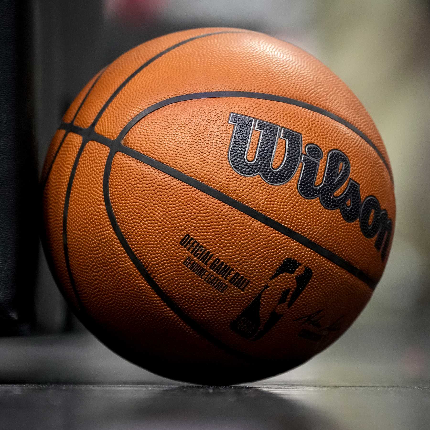 DETROIT, MICHIGAN - JANUARY 09: A detailed view of a Wilson brand official game ball with the NBA logo on the basketball court during the game between the Detroit Pistons and Golden State Warriors at Little Caesars Arena on January 09, 2025 in Detroit, Michigan. NOTE TO USER: User expressly acknowledges and agrees that, by downloading and or using this photograph, User is consenting to the terms and conditions of the Getty Images License Agreement. (Photo by Nic Antaya/Getty Images)