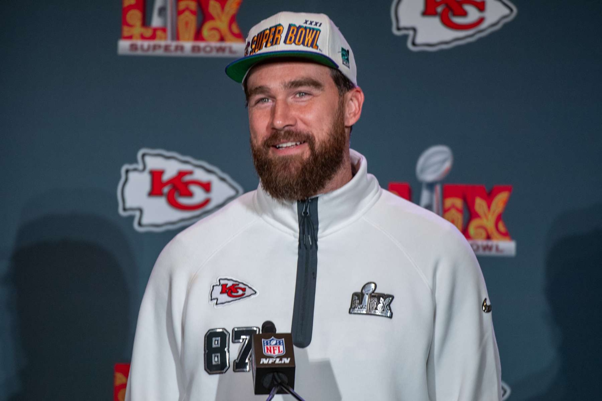 NEW ORLEANS, LOUISIANA - FEBRUARY 06: Travis Kelce #87 of the Kansas City Chiefs speaks during a press conference ahead of Super Bowl LIX at the New Orleans Marriott on February 06, 2025 in New Orleans, Louisiana. (Photo by Aaron J. Thornton/Getty Images)