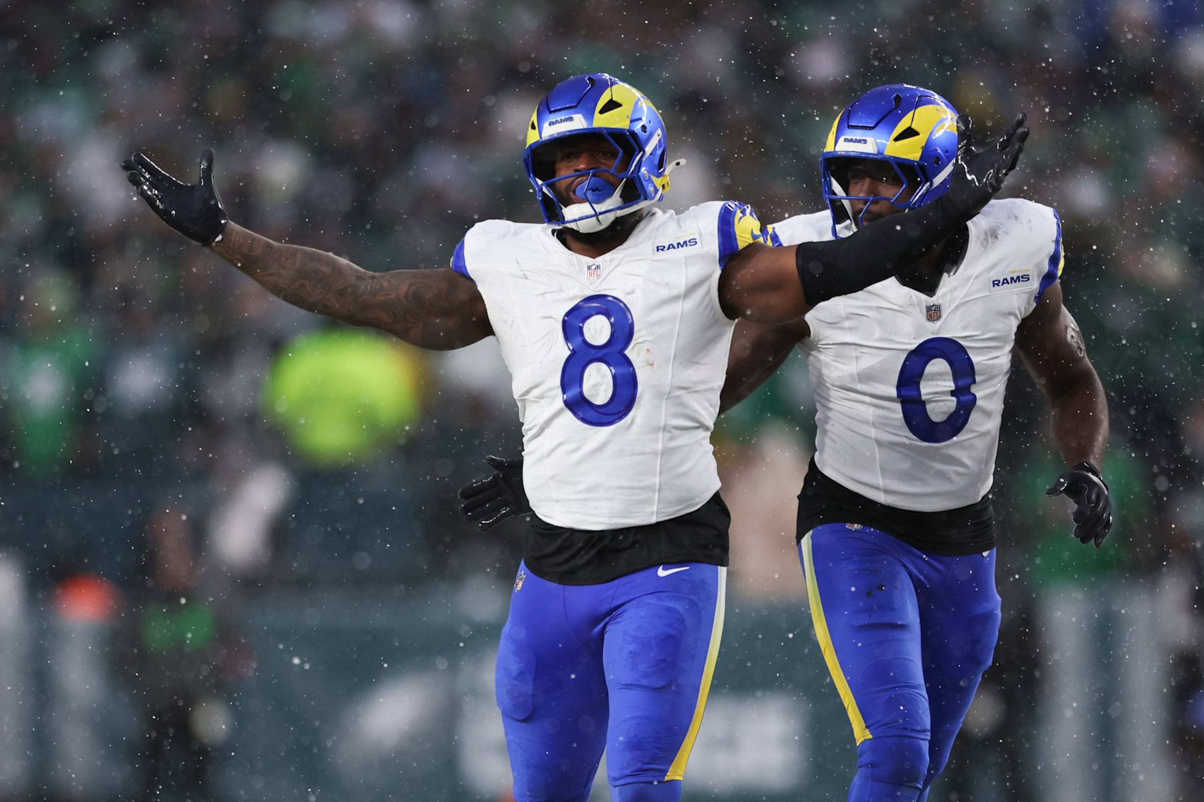 PHILADELPHIA, PENNSYLVANIA - JANUARY 19: Jared Verse #8 and Byron Young #0 of the Los Angeles Rams celebrate after a play during the NFC Divisional playoff game against the Philadelphia Eagles at Lincoln Financial Field on January 19, 2025 in Philadelphia, Pennsylvania. The Eagles defeated the Rams 28-22. (Kara Durrette/Getty Images) PHILADELPHIA, PENNSYLVANIA - JANUARY 19: Jared Verse #8 and Byron Young #0 of the Los Angeles Rams celebrate after a play during the NFC Divisional playoff game against the Philadelphia Eagles at Lincoln Financial Field on January 19, 2025 in Philadelphia, Pennsylvania. The Eagles defeated the Rams 28-22. (Kara Durrette/Getty Images)