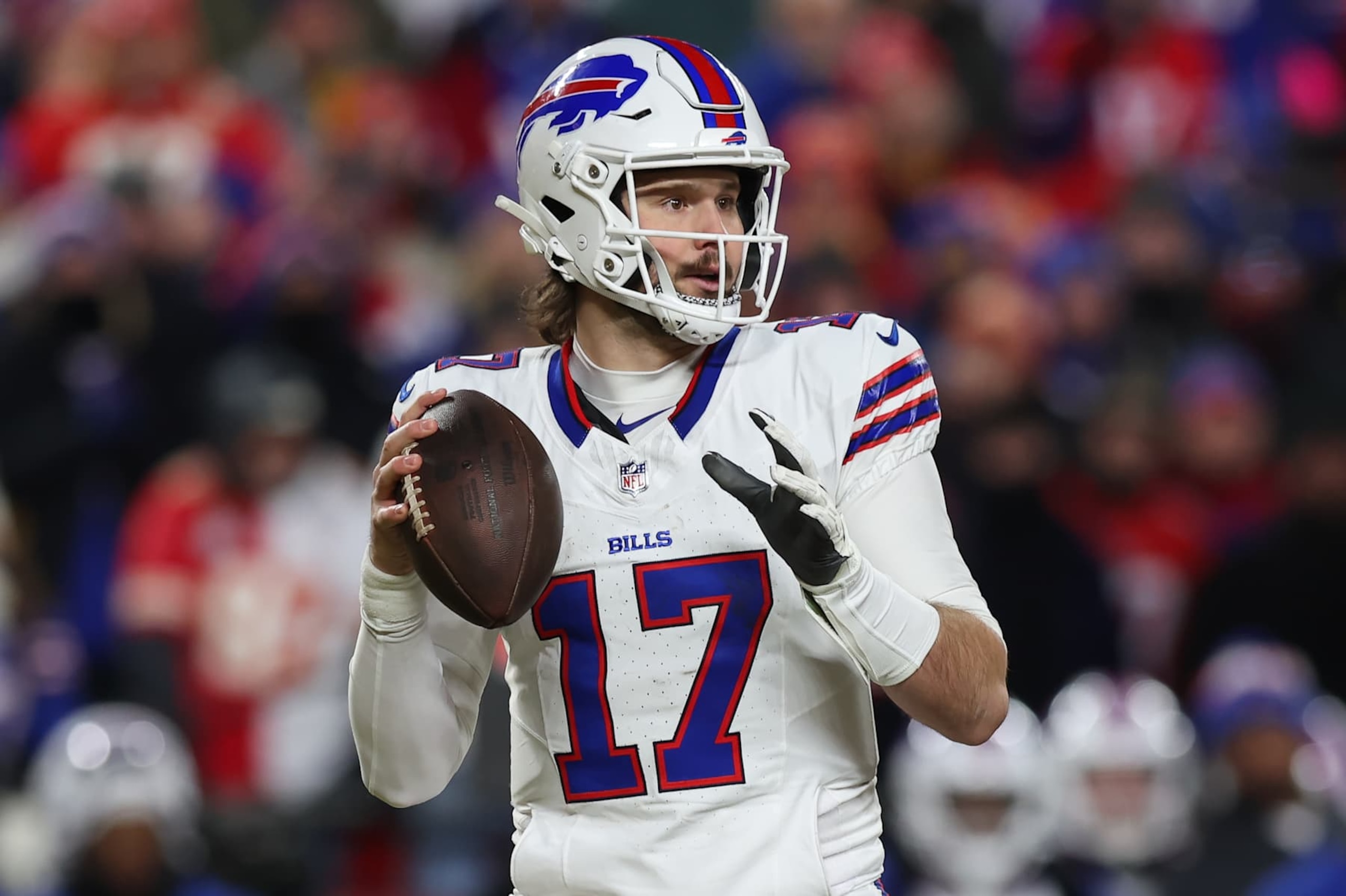 KANSAS CITY, MO - JANUARY 26: Buffalo Bills quarterback Josh Allen (17) looks to pass in the second quarter of the AFC Championship game between the Buffalo Bills and Kansas City Chiefs on January 26, 2025 at GEHA Field at Arrowhead Stadium in Kansas City, MO. (Photo by Scott Winters/Icon Sportswire via Getty Images) KANSAS CITY, MO - JANUARY 26: Buffalo Bills quarterback Josh Allen (17) looks to pass in the second quarter of the AFC Championship game between the Buffalo Bills and Kansas City Chiefs on January 26, 2025 at GEHA Field at Arrowhead Stadium in Kansas City, MO. (Photo by Scott Winters/Icon Sportswire via Getty Images)