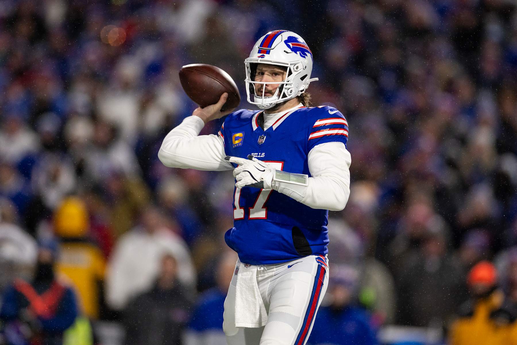 ORCHARD PARK, NEW YORK - JANUARY 19: Josh Allen #17 of the Buffalo Bills looks to pass during an NFL Football game against the Baltimore Ravens at Highmark Stadium on January 19, 2025 in Orchard Park, New York. (Photo by Michael Owens/Getty Images)
