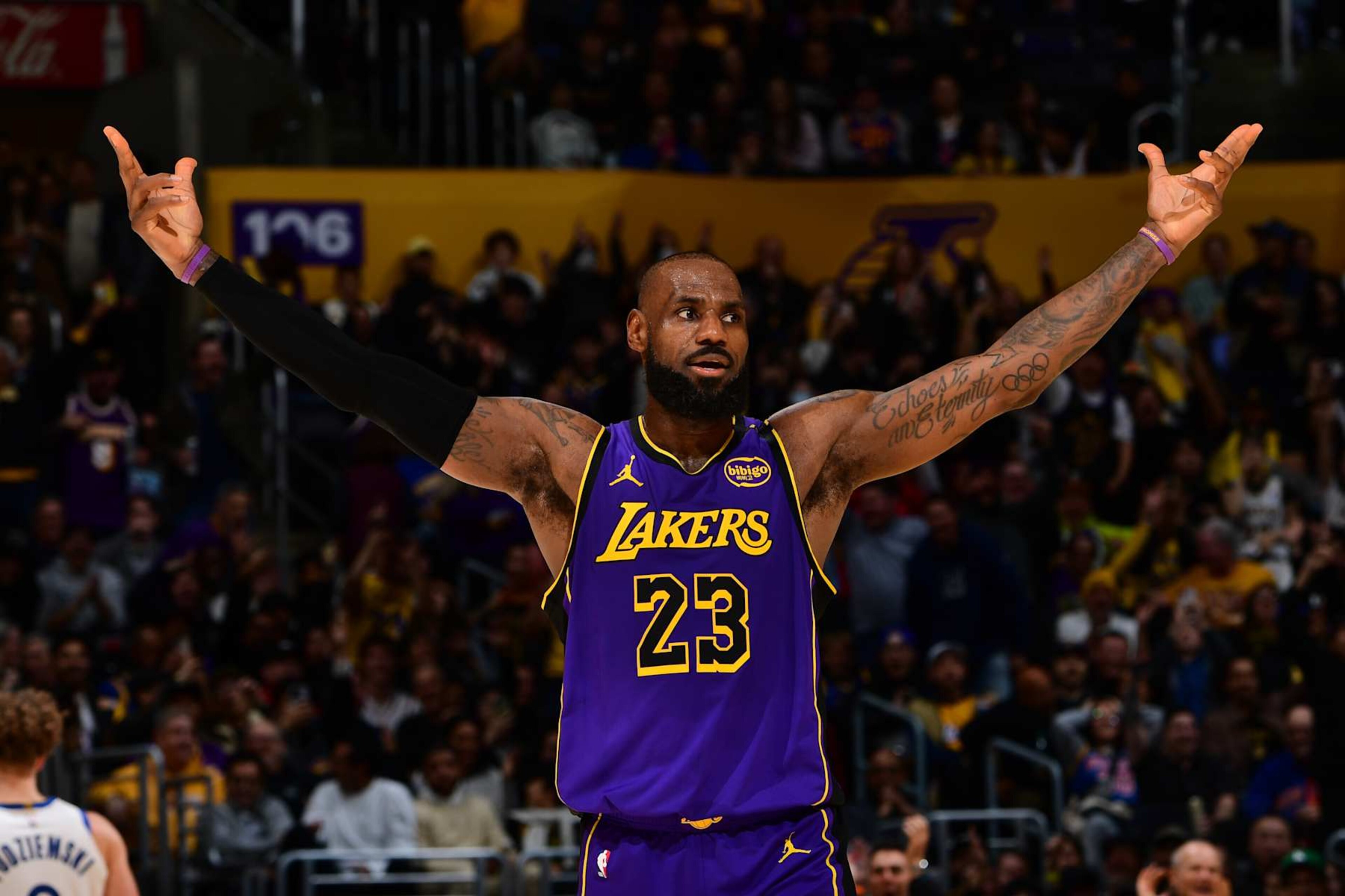 LOS ANGELES, CA - FEBRUARY 6: LeBron James #23 of the Los Angeles Lakers looks on during the game against the Golden State Warriors on February 6, 2025 at Crypto.Com Arena in Los Angeles, California. NOTE TO USER: User expressly acknowledges and agrees that, by downloading and/or using this Photograph, user is consenting to the terms and conditions of the Getty Images License Agreement. Mandatory Copyright Notice: Copyright 2025 NBAE (Photo by Adam Pantozzi/NBAE via Getty Images) LOS ANGELES, CA - FEBRUARY 6: LeBron James #23 of the Los Angeles Lakers looks on during the game against the Golden State Warriors on February 6, 2025 at Crypto.Com Arena in Los Angeles, California. NOTE TO USER: User expressly acknowledges and agrees that, by downloading and/or using this Photograph, user is consenting to the terms and conditions of the Getty Images License Agreement. Mandatory Copyright Notice: Copyright 2025 NBAE (Photo by Adam Pantozzi/NBAE via Getty Images)