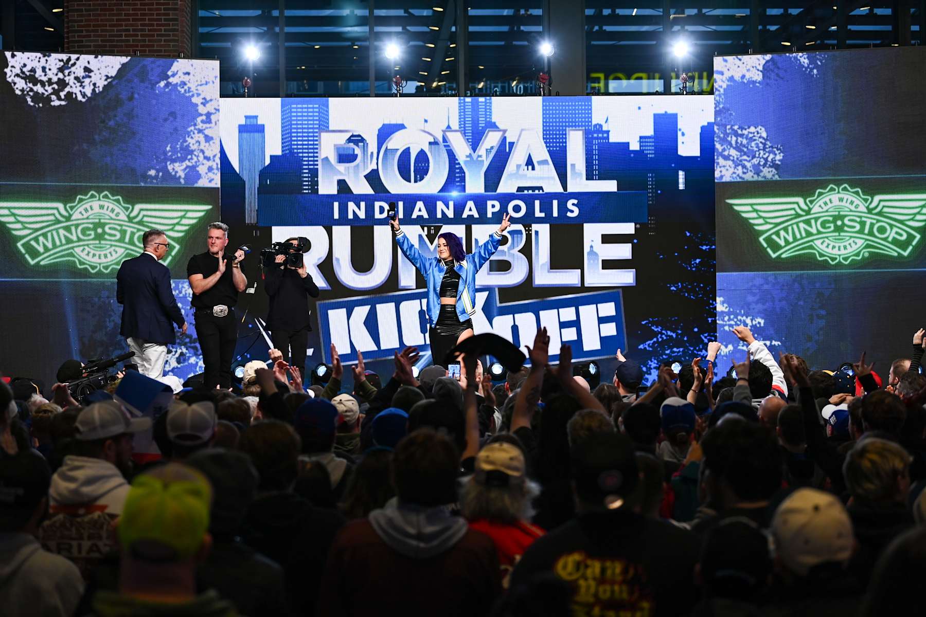 INDIANAPOLIS, INDIANA - JANUARY 31: Bayley on stage during the Royal Rumble Kickoff Show at Gainbridge Fieldhouse on January 31, 2025 in Indianapolis, Indiana. (Photo by WWE/WWE via Getty Images)