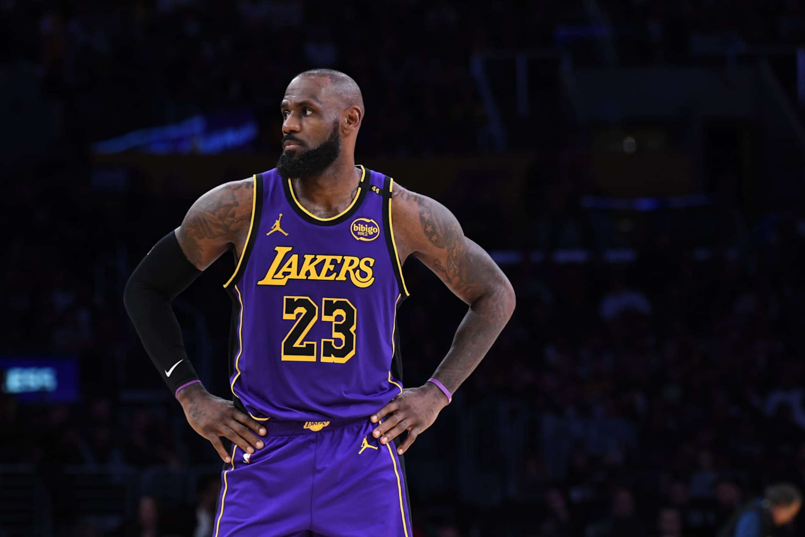 LOS ANGELES, CA - FEBRUARY 6: LeBron James #23 of the Los Angeles Lakers looks on during the game against the Golden State Warriors on February 6, 2025 at Crypto.Com Arena in Los Angeles, California. NOTE TO USER: User expressly acknowledges and agrees that, by downloading and/or using this Photograph, user is consenting to the terms and conditions of the Getty Images License Agreement. Mandatory Copyright Notice: Copyright 2025 NBAE (Photo by Noah Graham/NBAE via Getty Images) LOS ANGELES, CA - FEBRUARY 6: LeBron James #23 of the Los Angeles Lakers looks on during the game against the Golden State Warriors on February 6, 2025 at Crypto.Com Arena in Los Angeles, California. NOTE TO USER: User expressly acknowledges and agrees that, by downloading and/or using this Photograph, user is consenting to the terms and conditions of the Getty Images License Agreement. Mandatory Copyright Notice: Copyright 2025 NBAE (Photo by Noah Graham/NBAE via Getty Images)