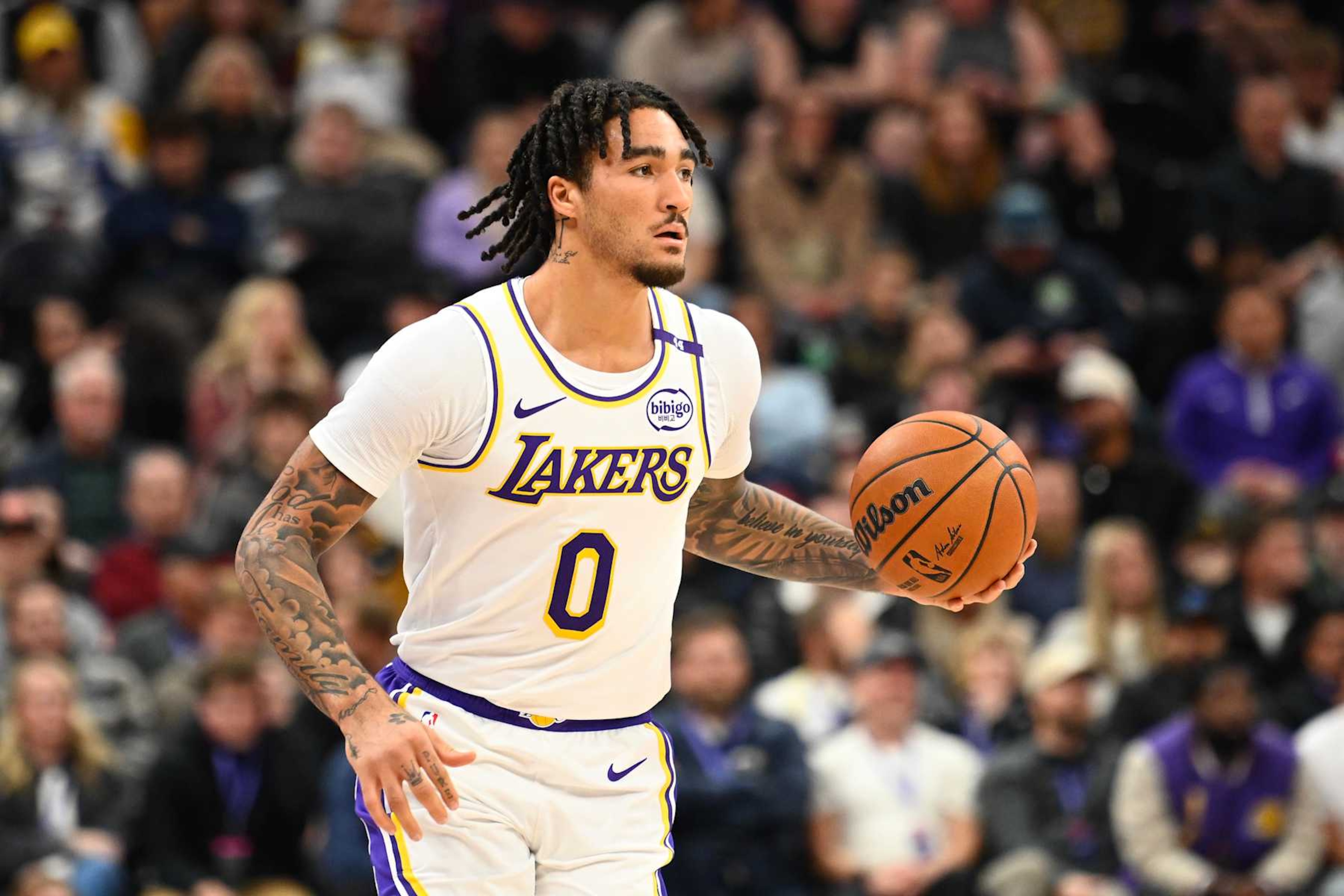 SALT LAKE CITY, UTAH - DECEMBER 01: Jalen Hood-Schifino #0 of the Los Angeles Lakers in action during the first half of a game against the Utah Jazzat Delta Center on December 01, 2024 in Salt Lake City, Utah. NOTE TO USER: User expressly acknowledges and agrees that, by downloading and or using this photograph, User is consenting to the terms and conditions of the Getty Images License Agreement. (Photo by Alex Goodlett/Getty Images) SALT LAKE CITY, UTAH - DECEMBER 01: Jalen Hood-Schifino #0 of the Los Angeles Lakers in action during the first half of a game against the Utah Jazzat Delta Center on December 01, 2024 in Salt Lake City, Utah. NOTE TO USER: User expressly acknowledges and agrees that, by downloading and or using this photograph, User is consenting to the terms and conditions of the Getty Images License Agreement. (Photo by Alex Goodlett/Getty Images)