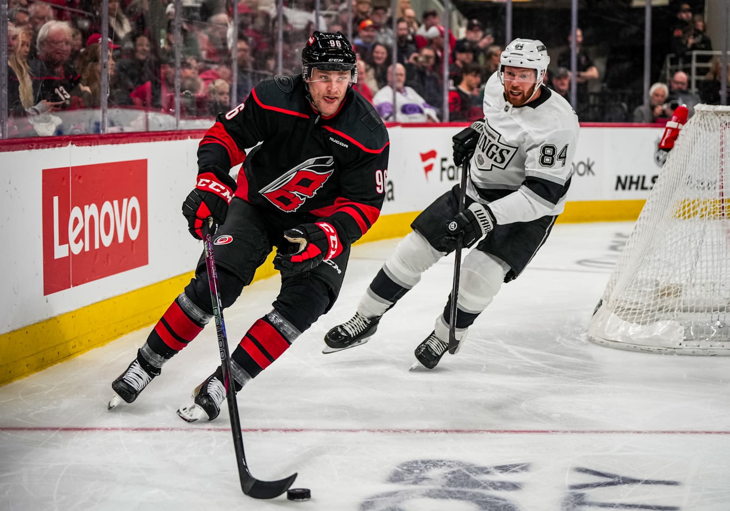 RALEIGH, NORTH CAROLINA - FEBRUARY 01:  Mikko Rantanen #96 of the Carolina Hurricanes skates during the first period against the Los Angeles Kings  at Lenovo Center on February 01, 2025 in Raleigh, North Carolina.  (Photo by Josh Lavallee/NHLI via Getty Images)