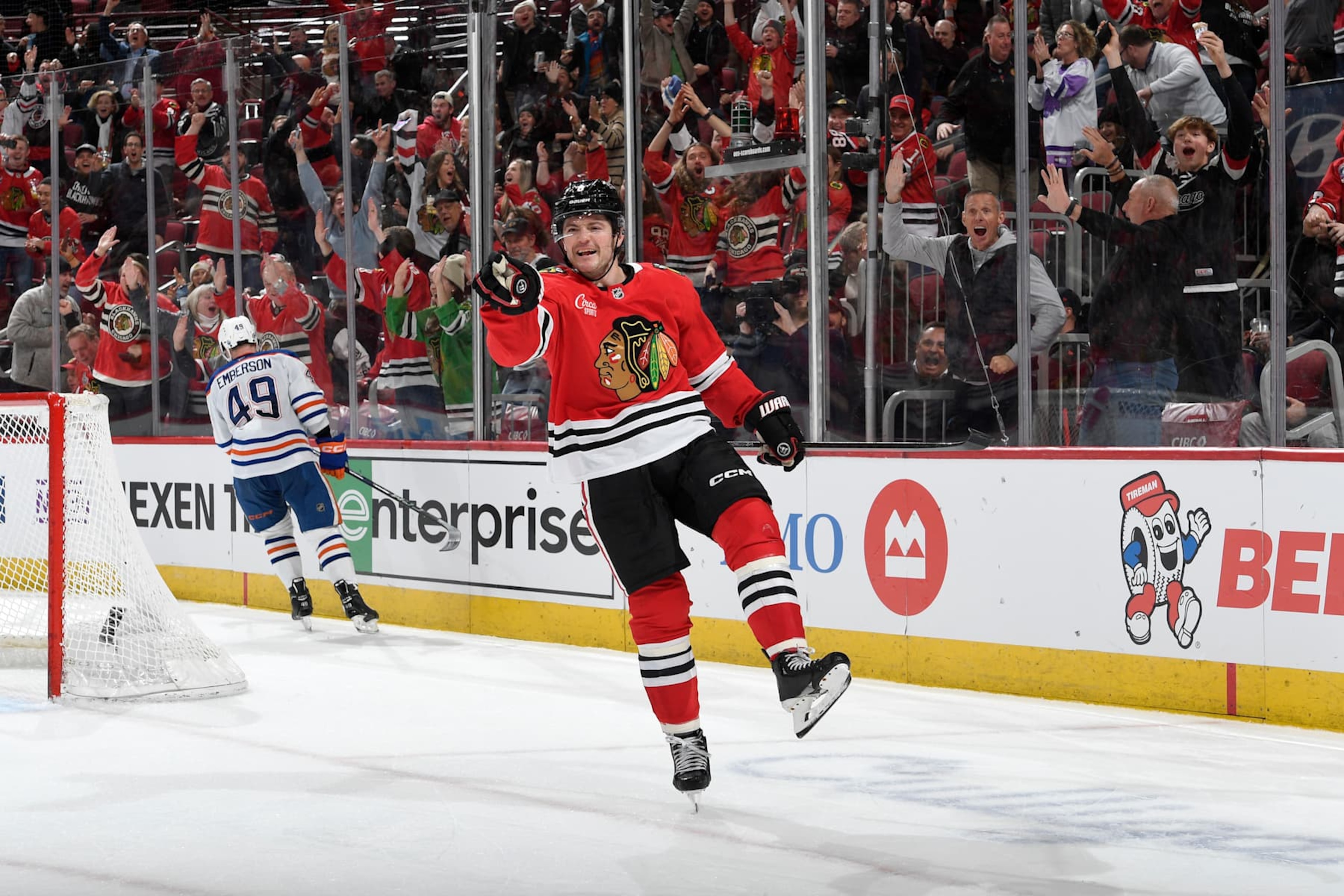 CHICAGO, ILLINOIS - FEBRUARY 05: Ryan Donato #8 of the Chicago Blackhawks reacts after the Blackhawks score against the Edmonton Oilers in the third period at the United Center on February 05, 2025 in Chicago, Illinois. (Photo by Bill Smith/NHLI via Getty Images)