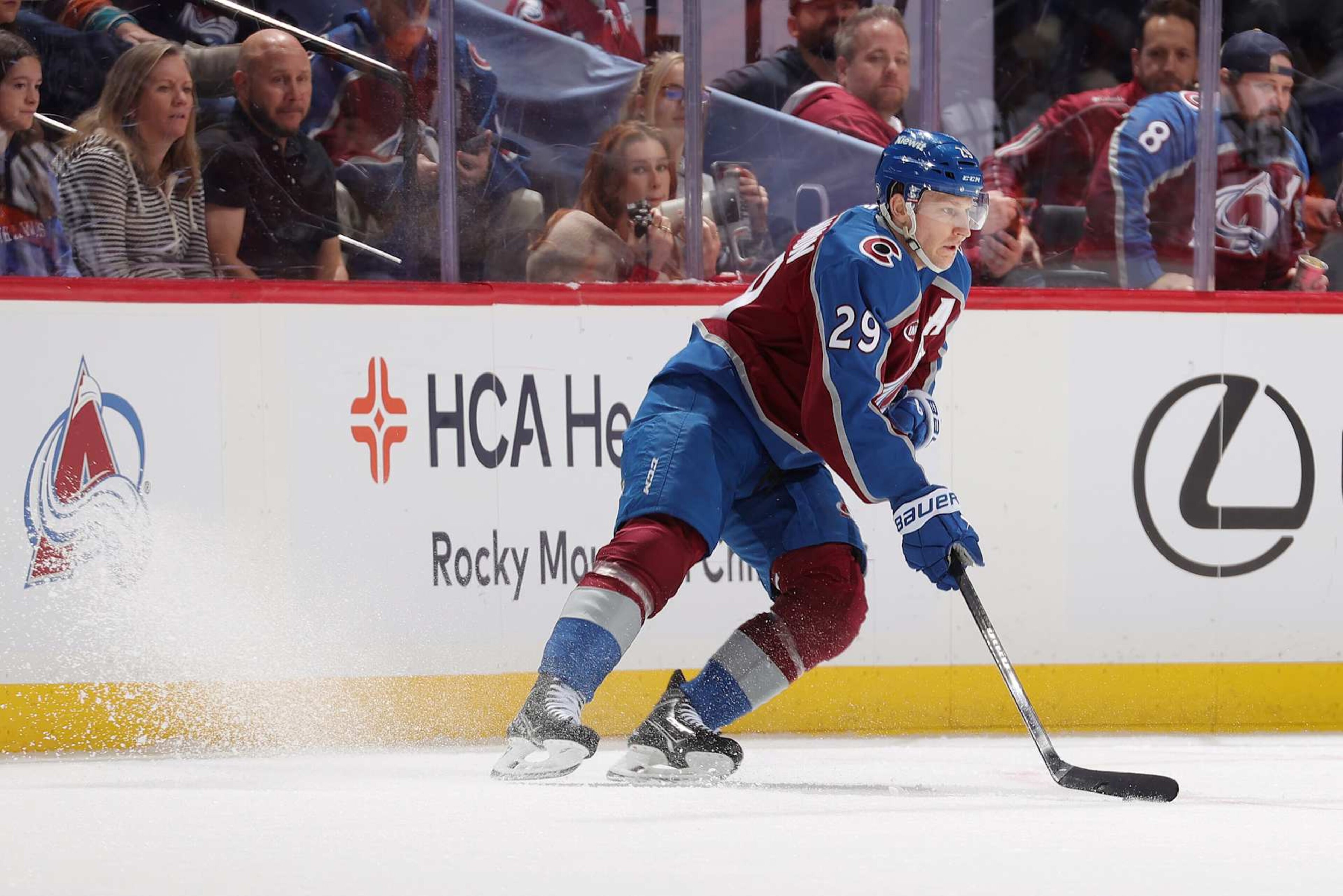 DENVER, COLORADO - FEBRUARY 02: Nathan MacKinnon #29 of the Colorado Avalanche skates against the Philadelphia Flyers at Ball Arena on February 2, 2025 in Denver, Colorado. (Photo by Michael Martin/NHLI via Getty Images)