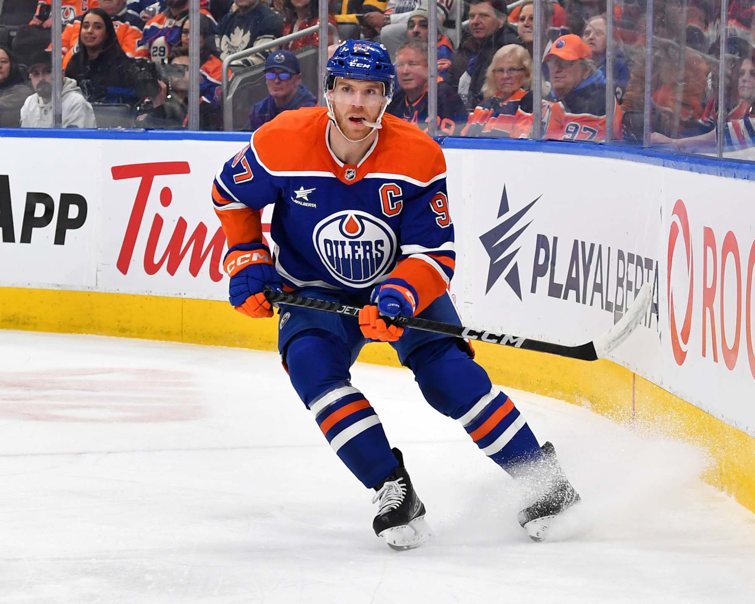 EDMONTON, CANADA - FEBRUARY 1: Connor McDavid #97 of the Edmonton Oilers in action during the game against the Toronto Maple Leafs at Rogers Place on February 1, 2025, in Edmonton, Alberta, Canada. (Photo by Andy Devlin/NHLI via Getty Images)