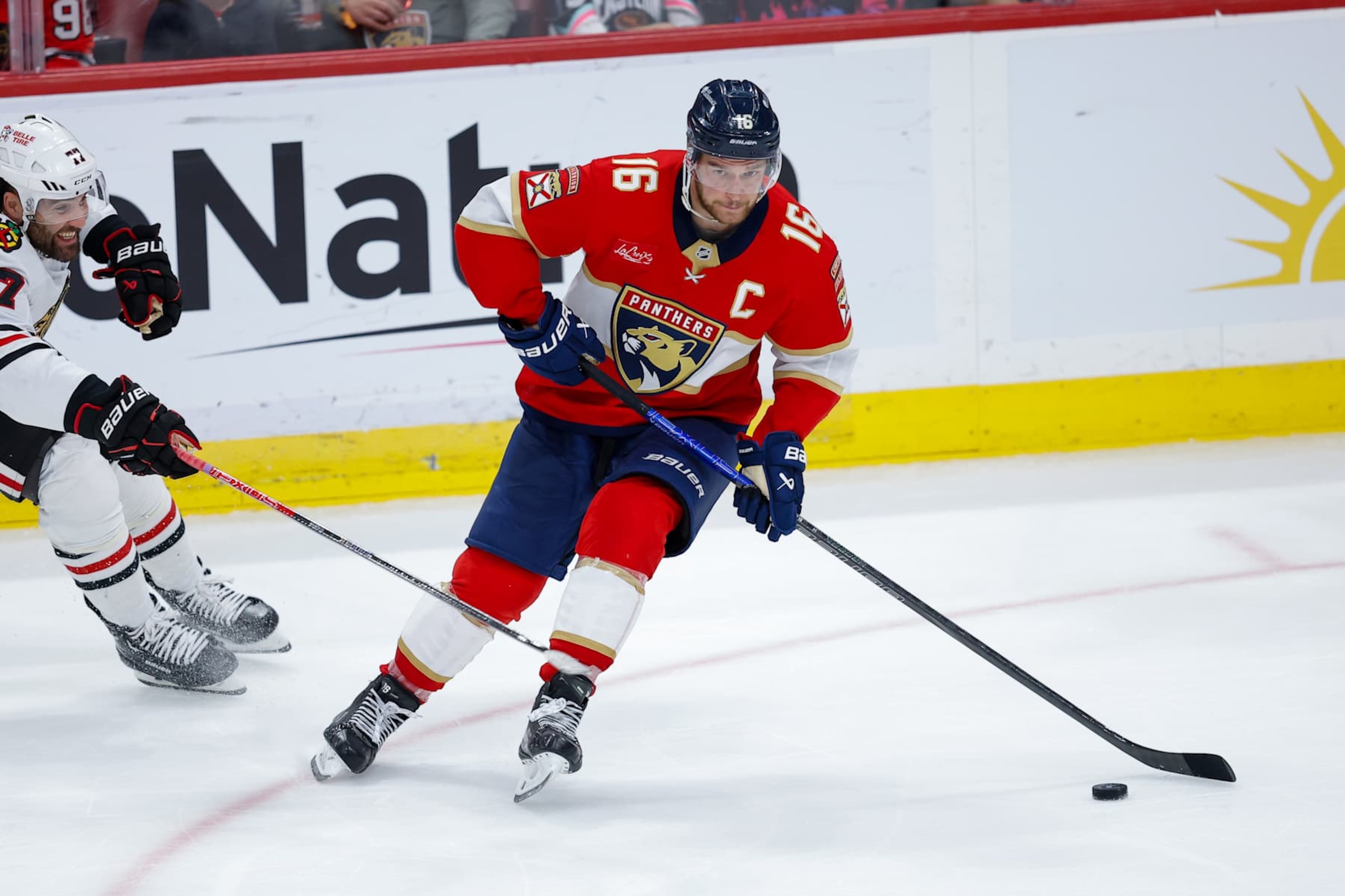 SUNRISE, FL - FEBRUARY 01: Florida Panthers Center Aleksander Barkov (16) in action during the NHL regular season game between the Chicago Blackhawks and the Florida Panthers on Saturday February 1, 2025 at Amerant Bank Arena in Sunrise, Fla.(Photo by Chris Arjoon/Icon Sportswire via Getty Images)
