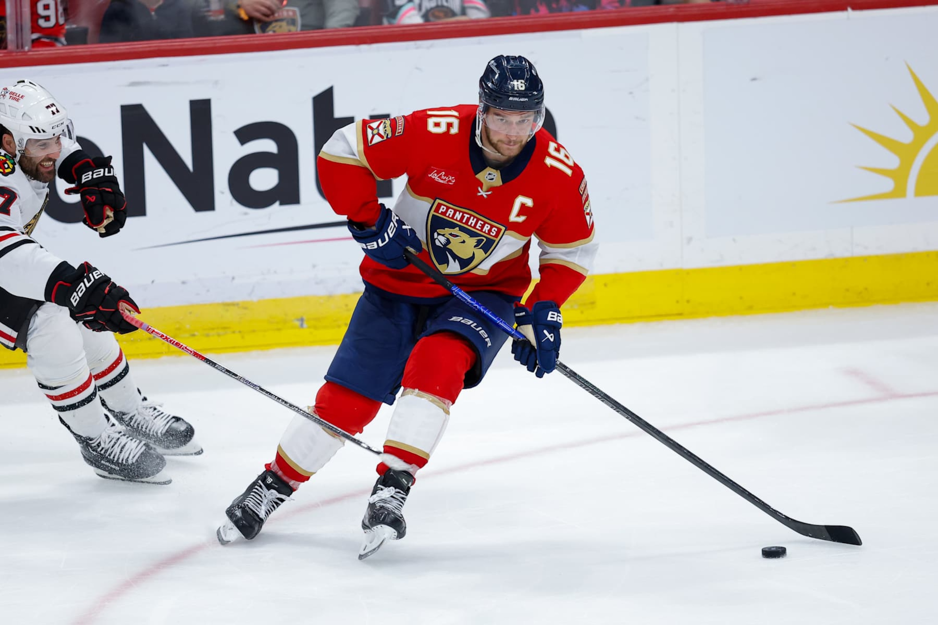 SUNRISE, FL - FEBRUARY 01: Florida Panthers Center Aleksander Barkov (16) in action during the NHL regular season game between the Chicago Blackhawks and the Florida Panthers on Saturday February 1, 2025 at Amerant Bank Arena in Sunrise, Fla.(Photo by Chris Arjoon/Icon Sportswire via Getty Images)