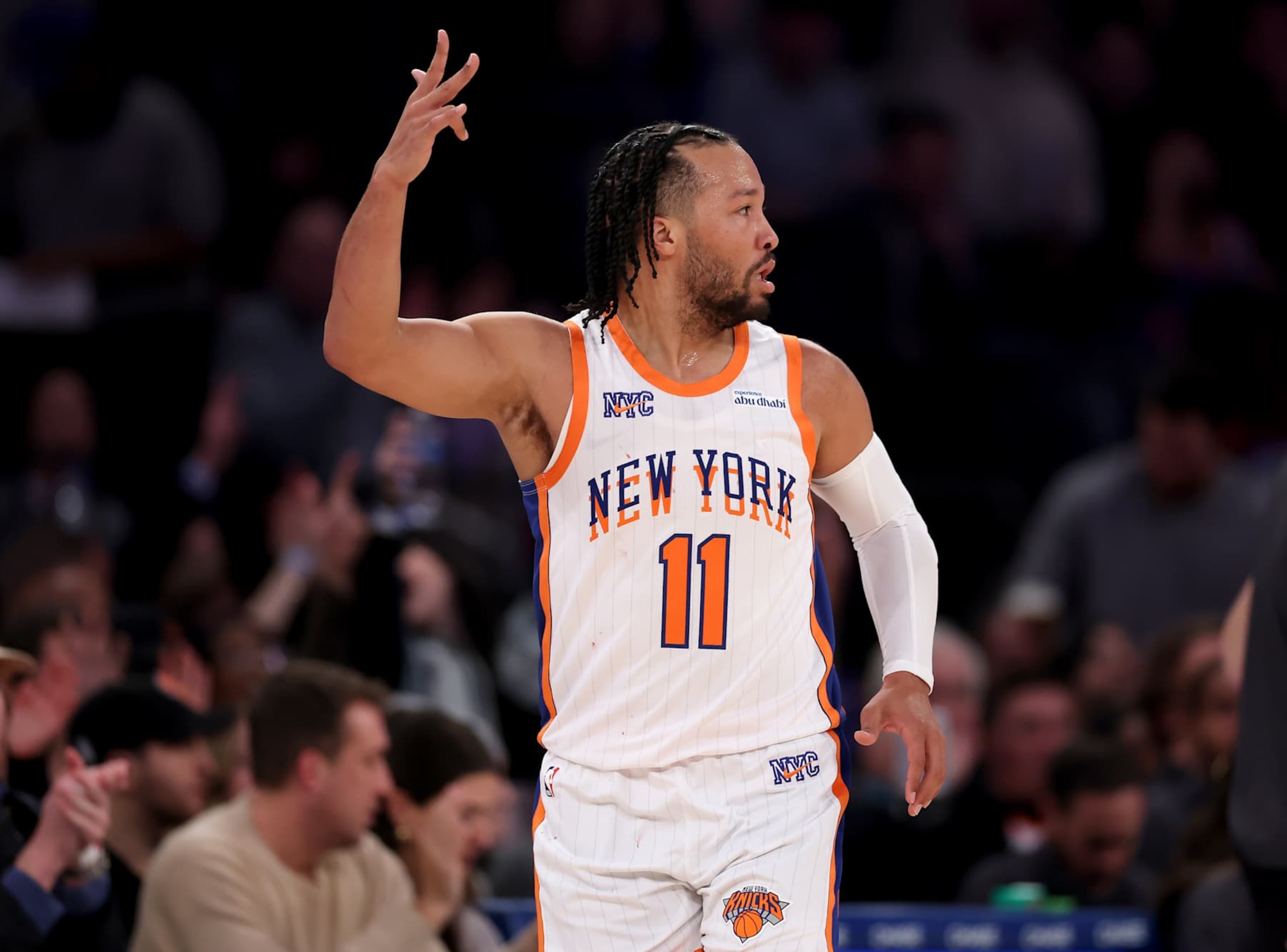 NEW YORK, NEW YORK - JANUARY 10: Jalen Brunson #11 of the New York Knicks celebrates a three point shot during the first half against the Oklahoma City Thunder at Madison Square Garden on January 10, 2025 in New York City. NOTE TO USER: User expressly acknowledges and agrees that, by downloading and or using this photograph, User is consenting to the terms and conditions of the Getty Images License Agreement. (Photo by Elsa/Getty Images) NEW YORK, NEW YORK - JANUARY 10: Jalen Brunson #11 of the New York Knicks celebrates a three point shot during the first half against the Oklahoma City Thunder at Madison Square Garden on January 10, 2025 in New York City. NOTE TO USER: User expressly acknowledges and agrees that, by downloading and or using this photograph, User is consenting to the terms and conditions of the Getty Images License Agreement. (Photo by Elsa/Getty Images)