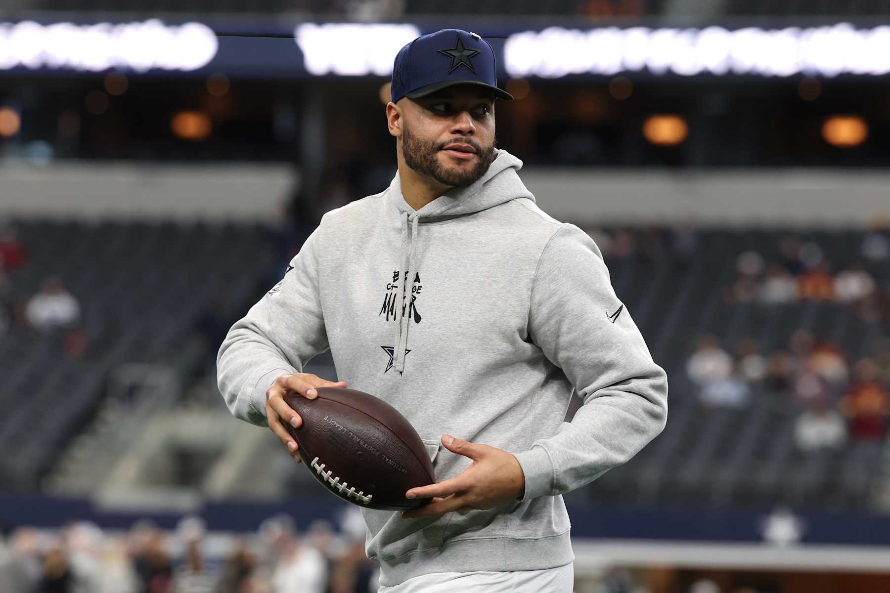 ARLINGTON, TEXAS - JANUARY 05: Dak Prescott #4 of the Dallas Cowboys looks on prior to the game against the Washington Commanders at AT&T Stadium on January 05, 2025 in Arlington, Texas. (Photo by Sam Hodde/Getty Images)