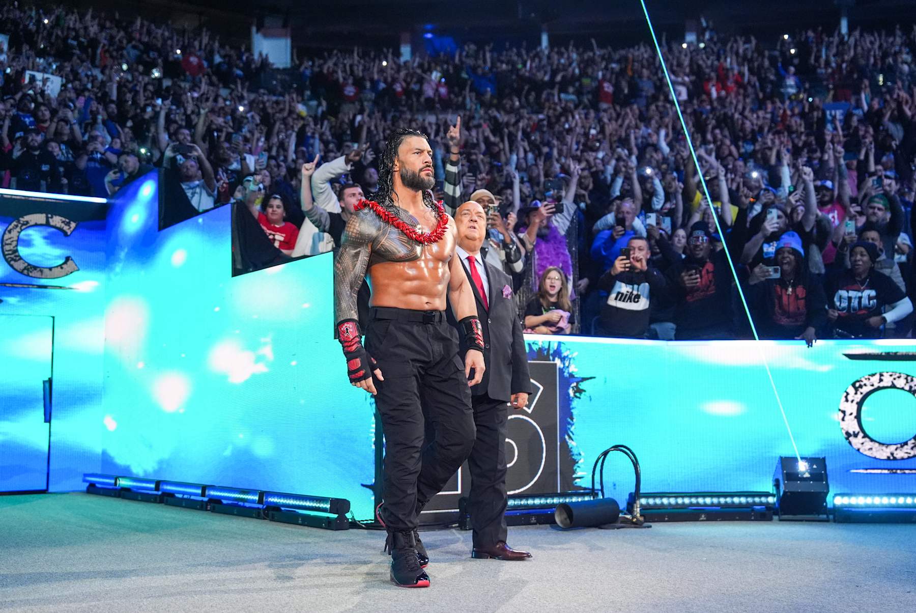 INDIANAPOLIS, INDIANA - FEBRUARY 1: Roman Reigns makes his entrance with Paul Heyman during Royal Rumble at Lucas Oil Stadium on February 1, 2025 in Indianapolis, Indiana. (Photo by Craig Melvin/WWE via Getty Images)